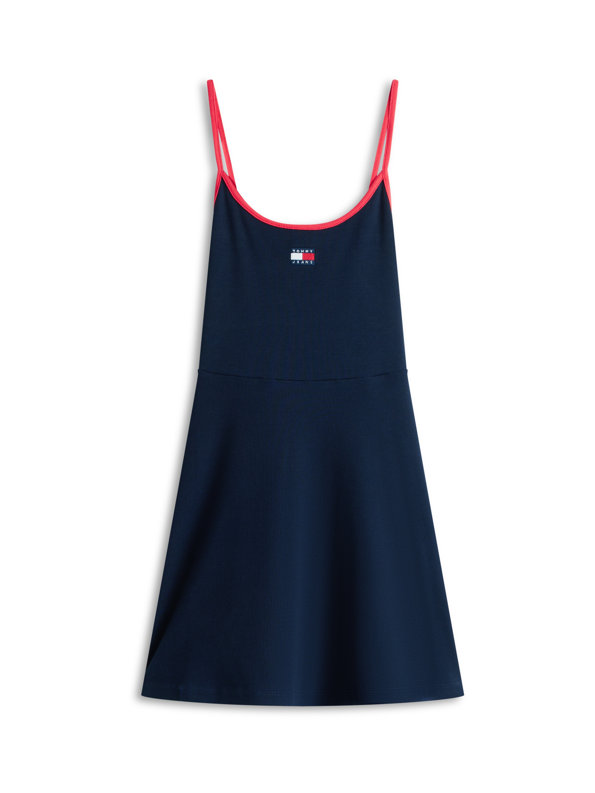 Tommy Jeans Spaghettikleid »TJW F&F STRAPPY BADGE DRESS« Fit and Flare, gerippt, mit Kontrastdetails