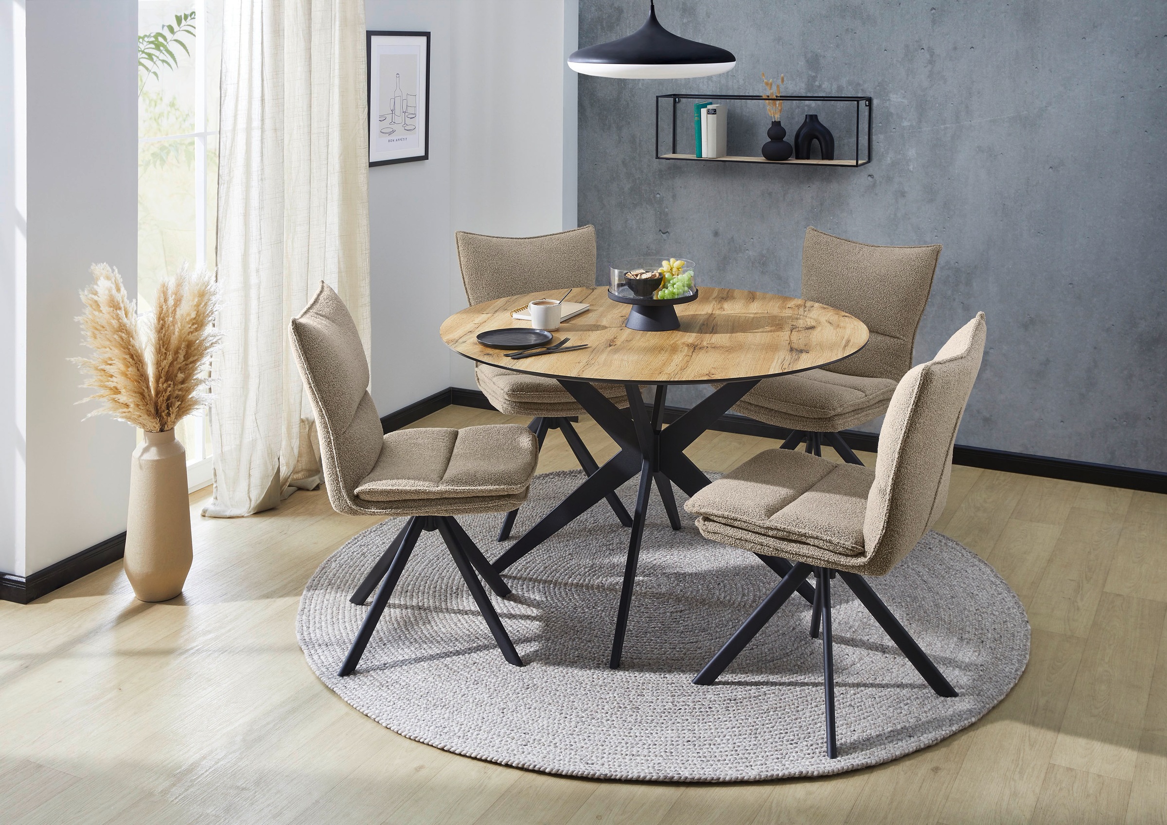 Jockenhöfer Gruppe Essgruppe »Thilo/Florina, Sitzgruppe (Set, 5-tlg, 1 Tisch und 4 Stühle)« 5 tlg. Tisch Durchmesser 120 cm, Wildeiche,  Stühle 360° drehbar