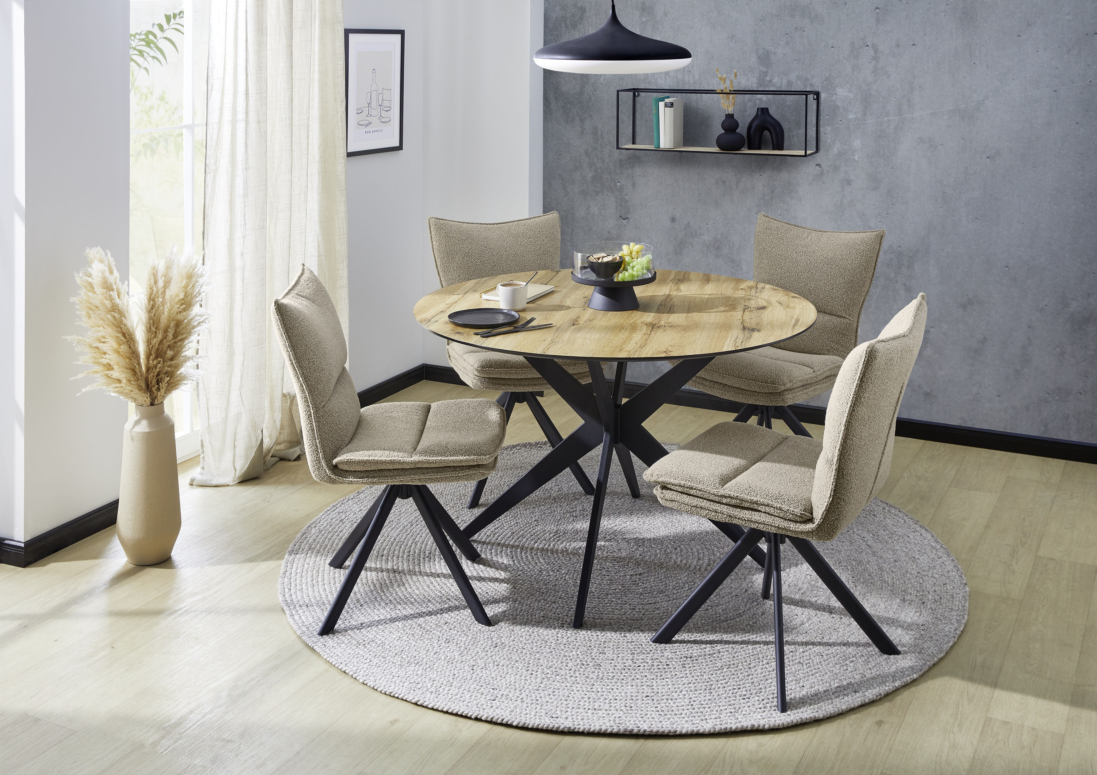 Jockenhöfer Gruppe Essgruppe "Thilo/Florina, Sitzgruppe (Set, 5-tlg, 1 Tisch und 4 Stühle)" 5 tlg. Tisch Durchmesser 120 cm, Wildeiche, Stühle 360 drehbar