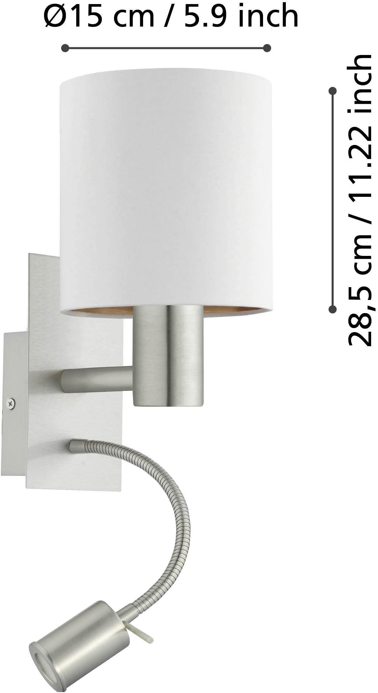 EGLO Wandleuchte »PASTERI Wandlampe - Stahl - E27;LED - 1X40W;1X3,8W - IP20« E27 1 Stk. Warmweiß Wandstrahler, Wandspot, Wohnzimmer, Schlafzimmer, L15 x H38 x AL19,5cm