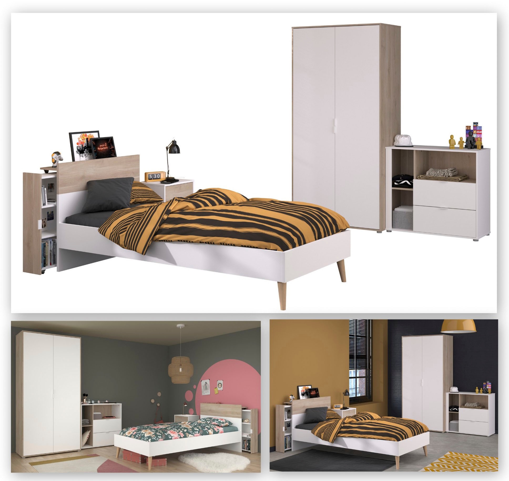 Parisot Jugendzimmer-Set »Aalborg 2«, (Set, 4 tlg.), ausziehbares Regal am Bett, viel Stauraum, tolle Optik