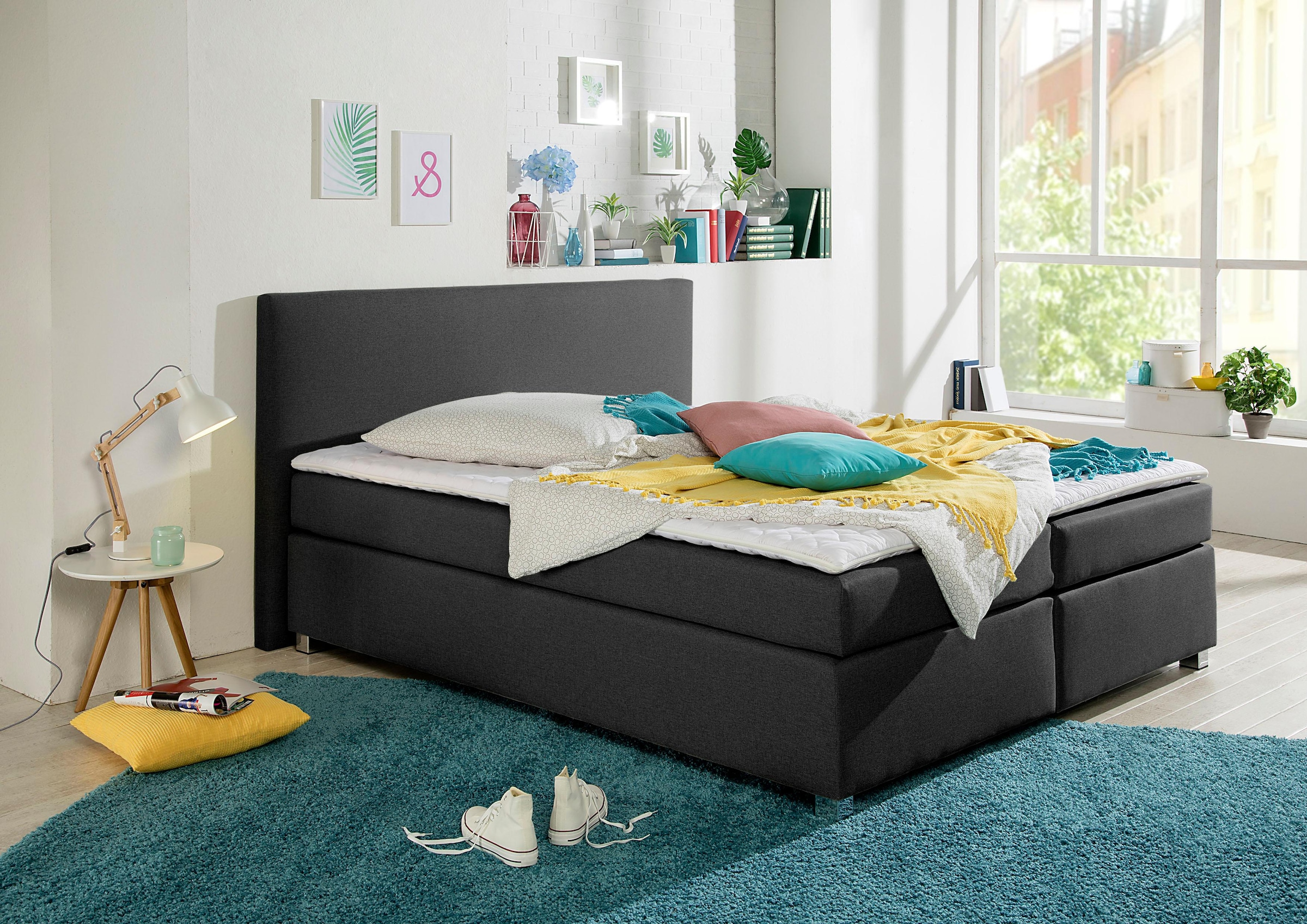 Boxspringbett HOME AFFAIRE "Eliana", grau (anthrazit), B:187cm L:210cm, Komplettbetten, Boxspringbett, inkl. Topper, in 4 Breiten, 3 Matratzenarten und 2 Härtegraden