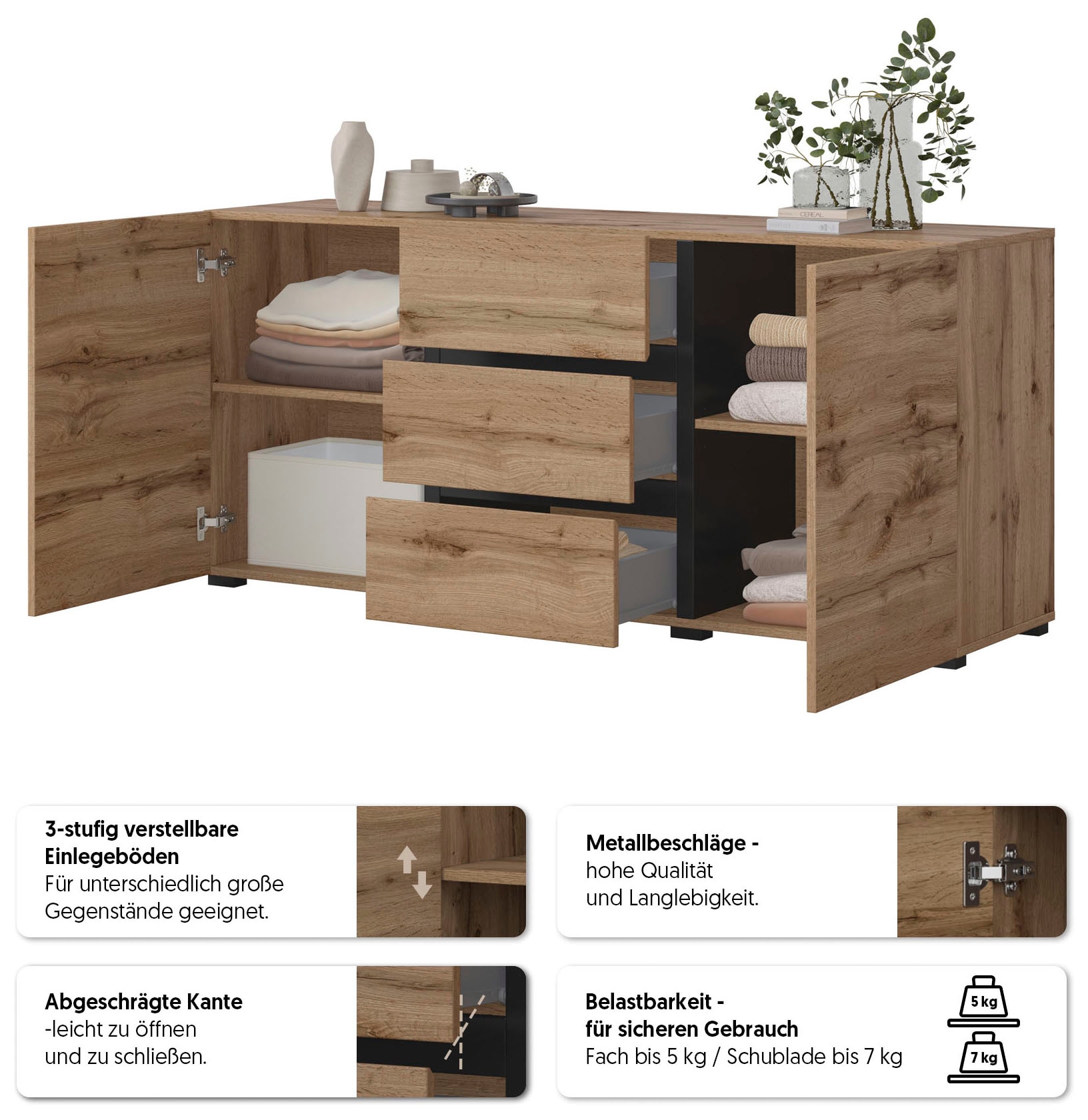 OTTO home Sideboard »Cross, Breite 150 cm, moderne grifflose Kommode, 2Türen/3 Schubkästen« Schubladenkommode mit viel Stauraum, Einlegeböden verstellbar