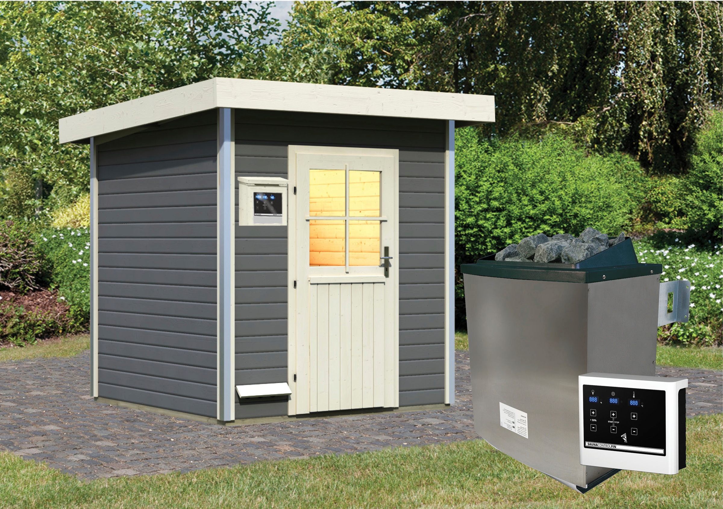 Karibu Saunahaus »Klaas«, klassiche Tür, Ofen 9 KW externe Strg Easy