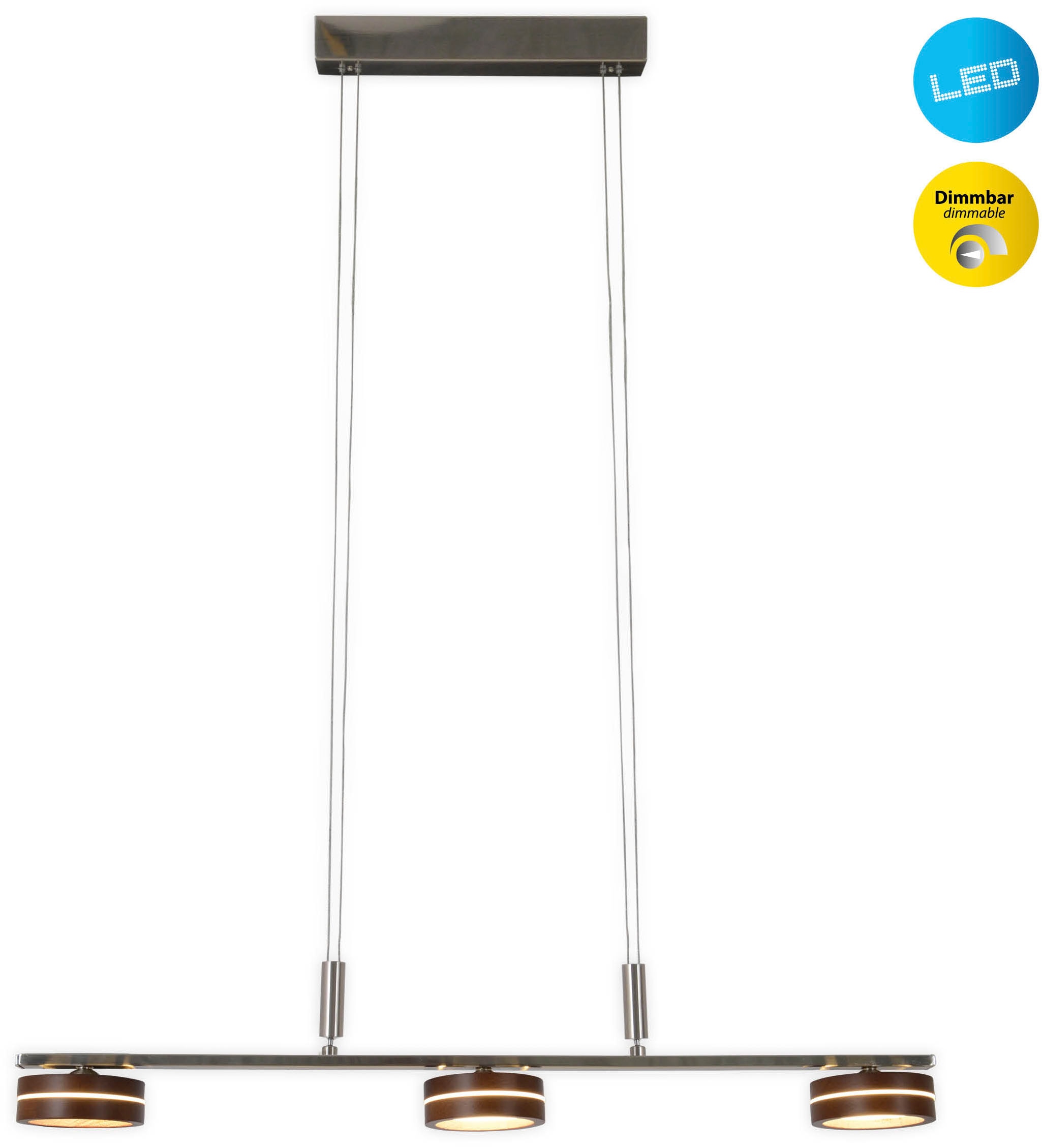 NÄVE LED Pendelleuchte "Triberg", braun, 3, Ø 75cm H: 80cm, 1 Stk., Leuchten, 3 flg., Schirme Holz (Eiche), Wanddimmer, Höhe verstellbar 80-150cm, LED Pendelleuchte