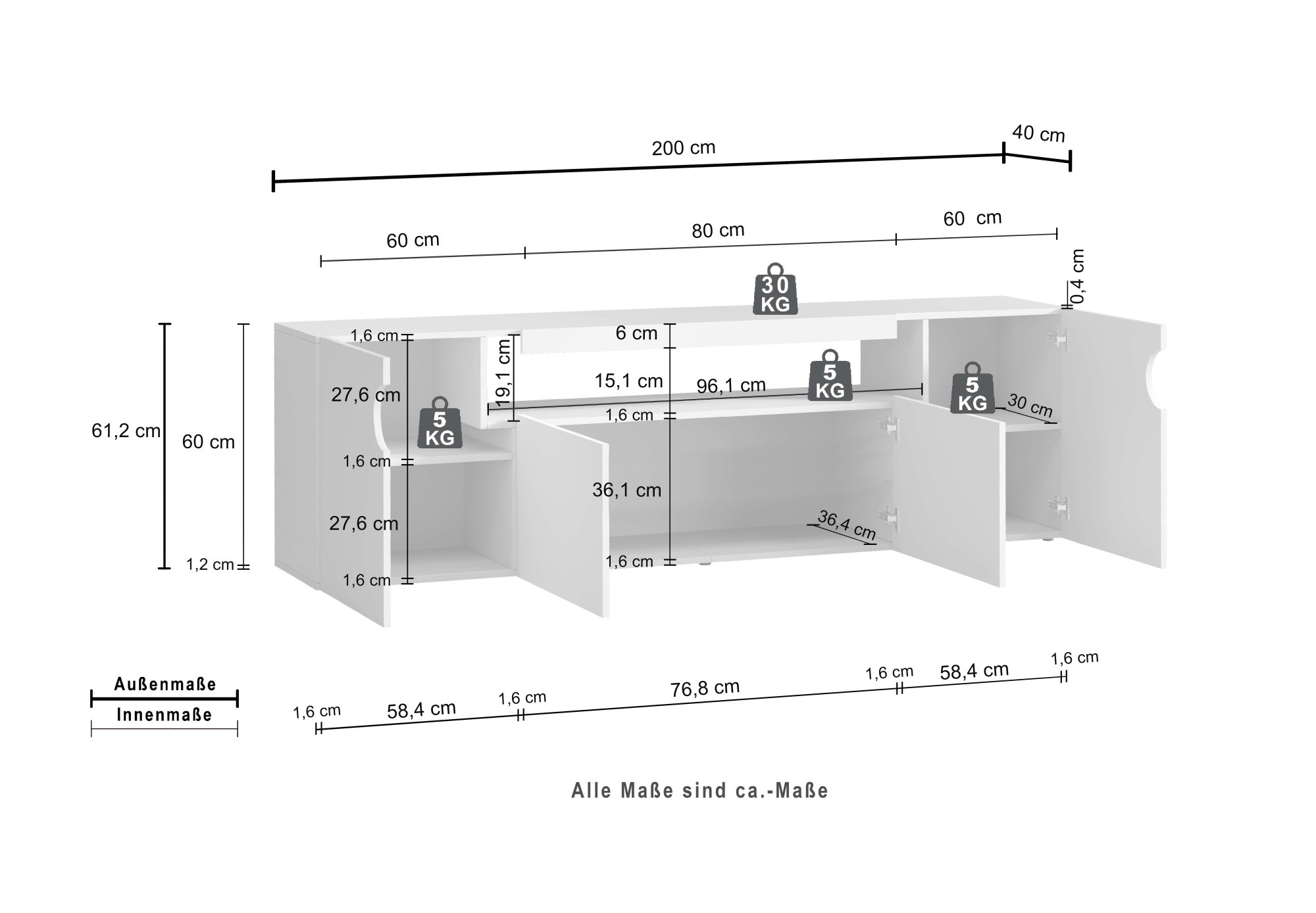 OTTO home Lowboard »REAL,Lowboard,TV-Kommode,TV-Möbel,TV-Bank« 1 Stk. tlg. Mit 4 Türen, davon 2 abgerundet, die ein ovales offenes Fach bilden