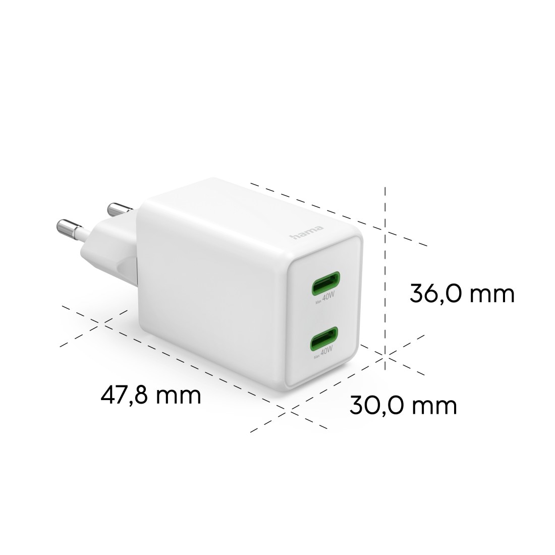 Hama Schnelllade-Gerät »Schnellladegerät, GaN, 2x USB-C, Super-Mini-Ladegerät, PD, 40 W, Weiß« 1 Stk. tlg.