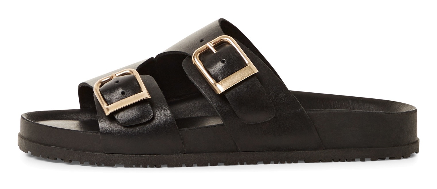Tamaris Pantolette, Plateau, Sommerschuh, Strandschuh mit goldfarbenen Schnallen