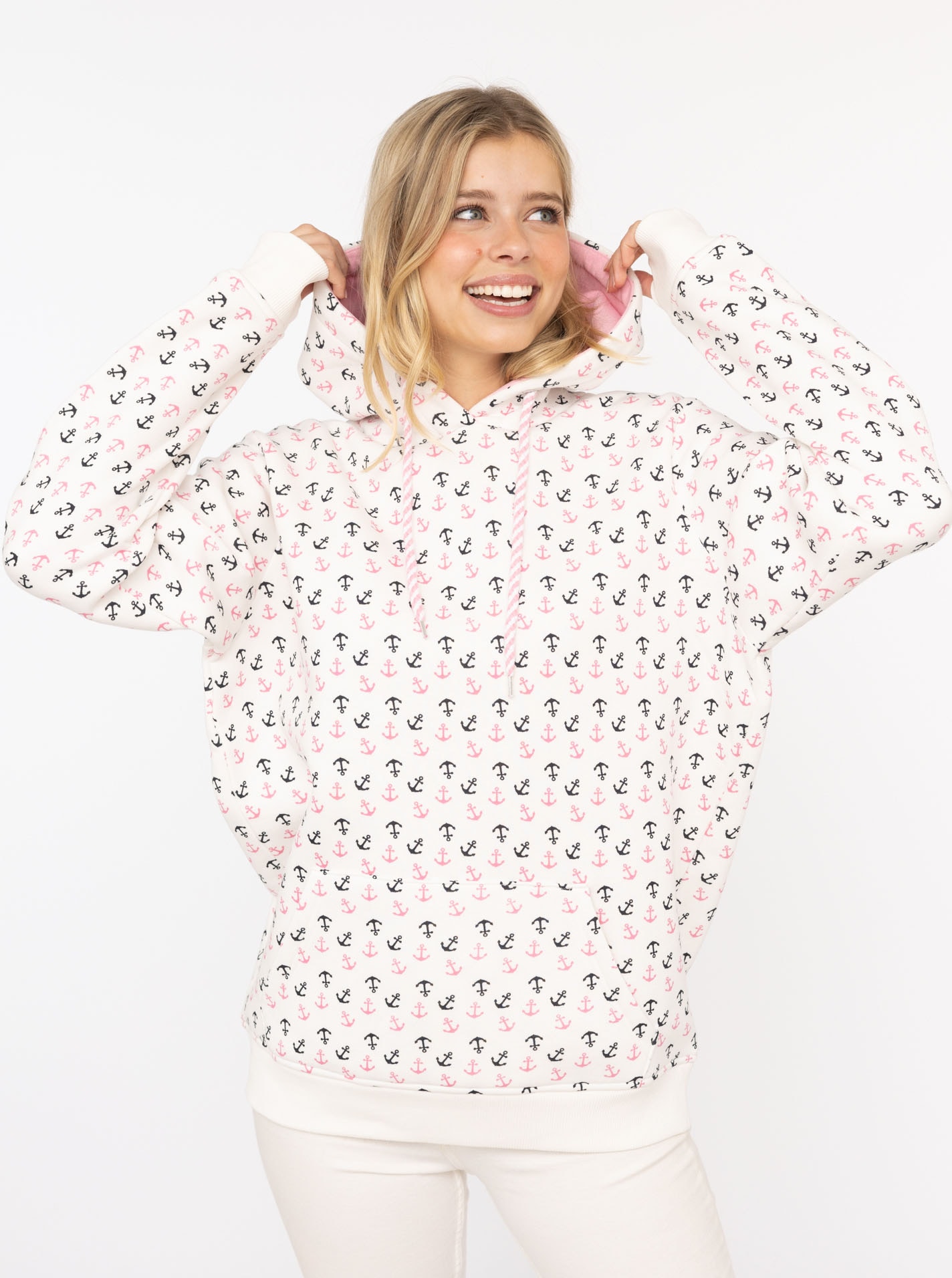 Zwillingsherz Hoodie ""Anker AOP"", mit allover Ankerprint, pinker Kapuze günstig online kaufen
