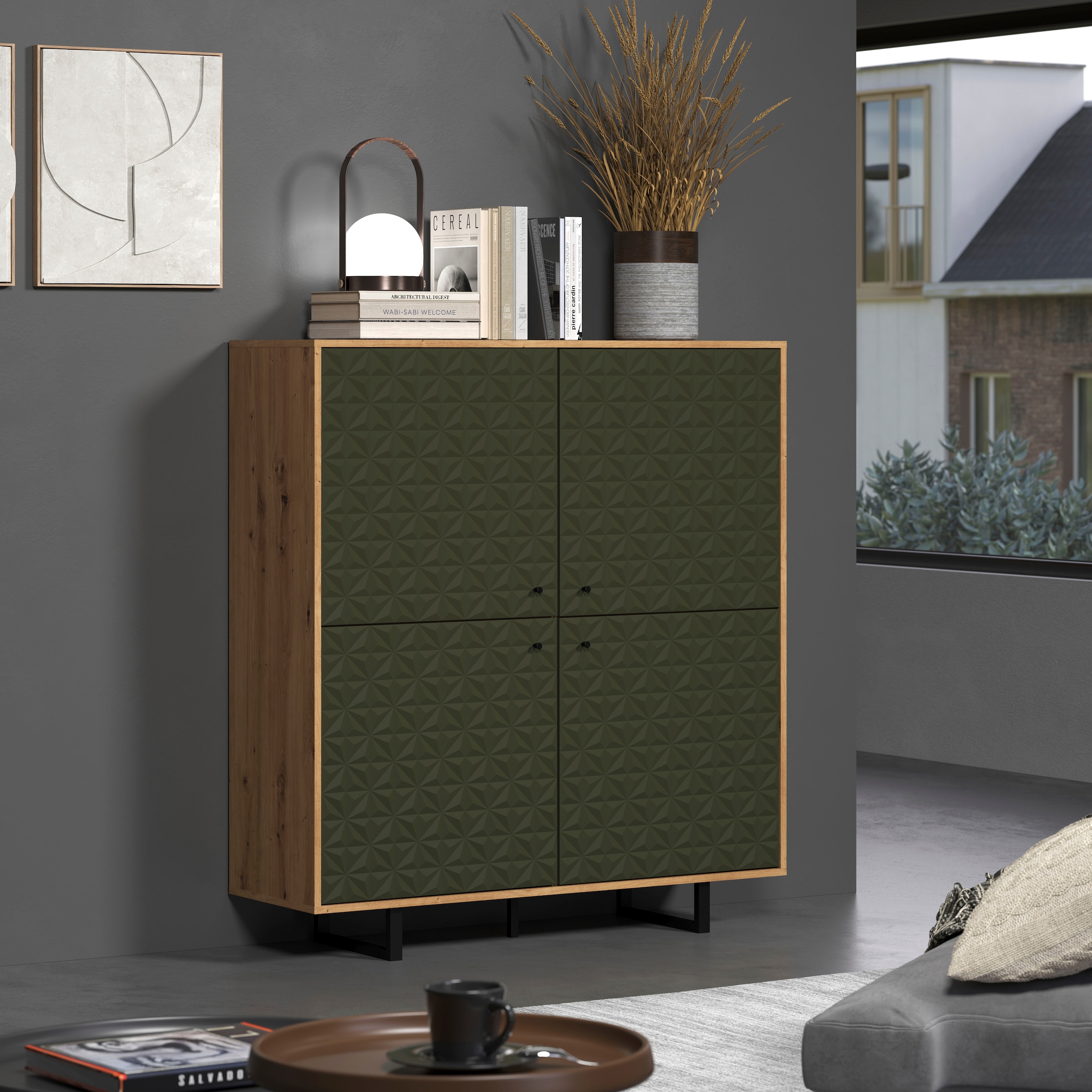 Home affaire Highboard »Ferretti« Sideboard mit besonderer Fräsung - Füße und Griffe aus Metall