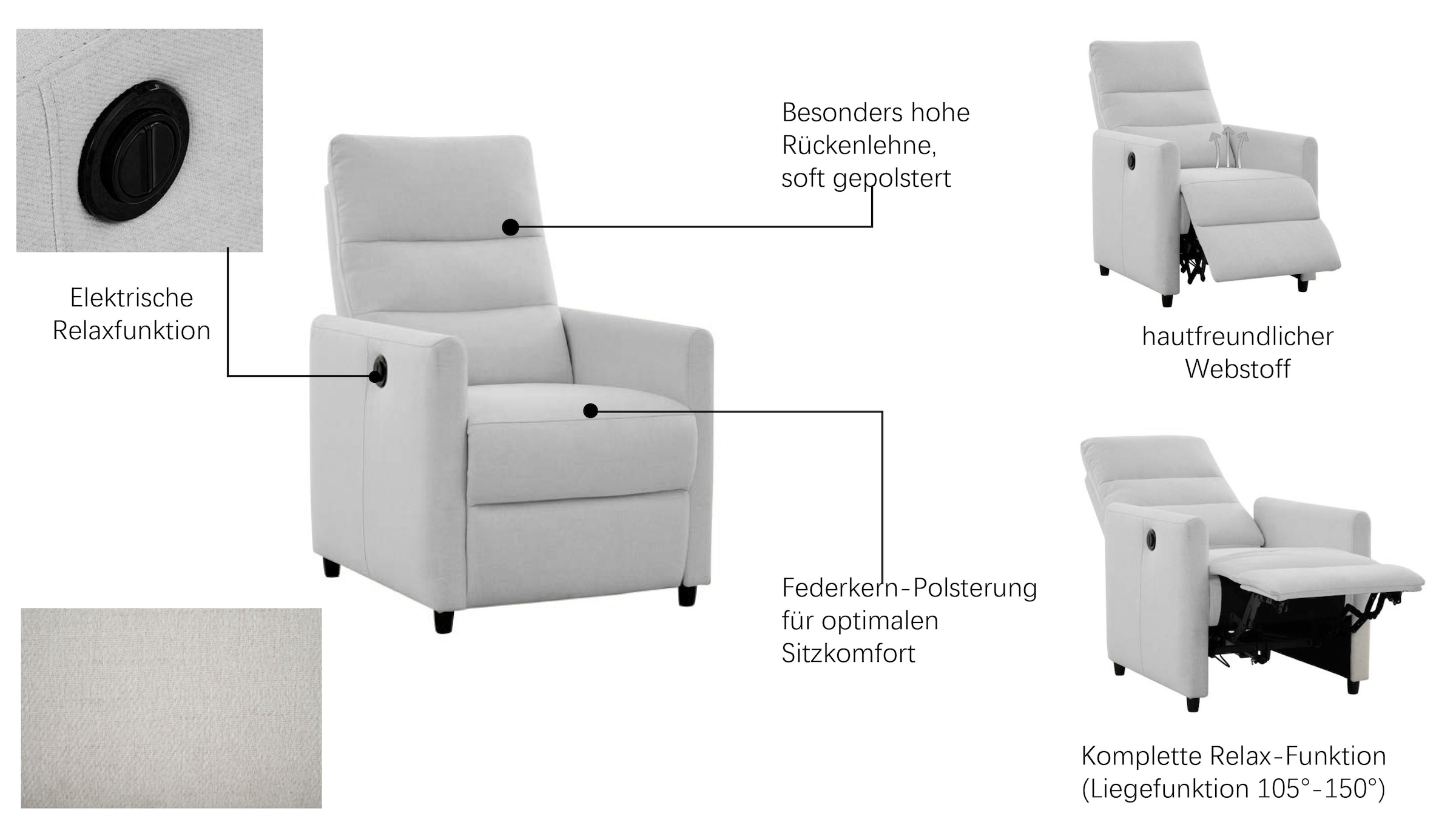 OTTO home Relaxsessel »ANNICA, TV-Sessel mit elektrischer Relax- und Liegefunktion« Federkern-Polsterung, pflegeleichter Webstoff