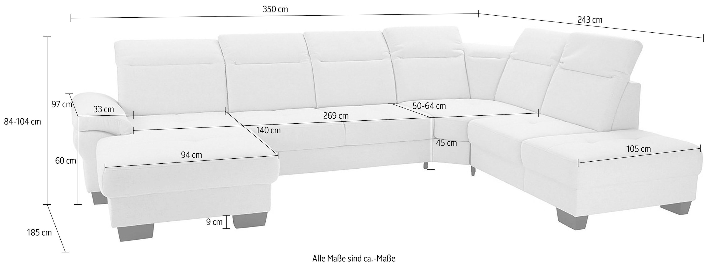 PLACES OF STYLE Wohnlandschaft »Cornwall U-Form« inkl. Sitztiefenverstellung, wahlweise mit Bettfunktion