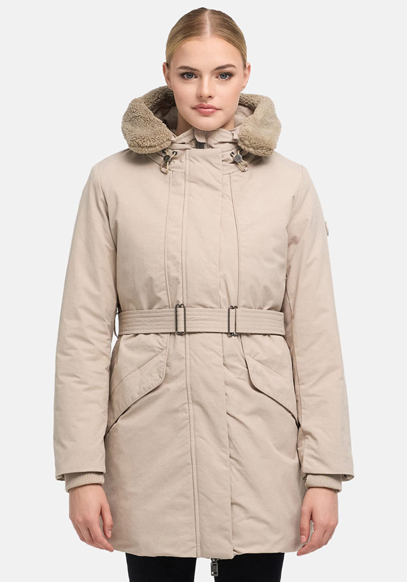 Marikoo "Calistaa" mit Kapuze Warmer Damen Wintermantel mit Taillengürtel und hohem Kragen
