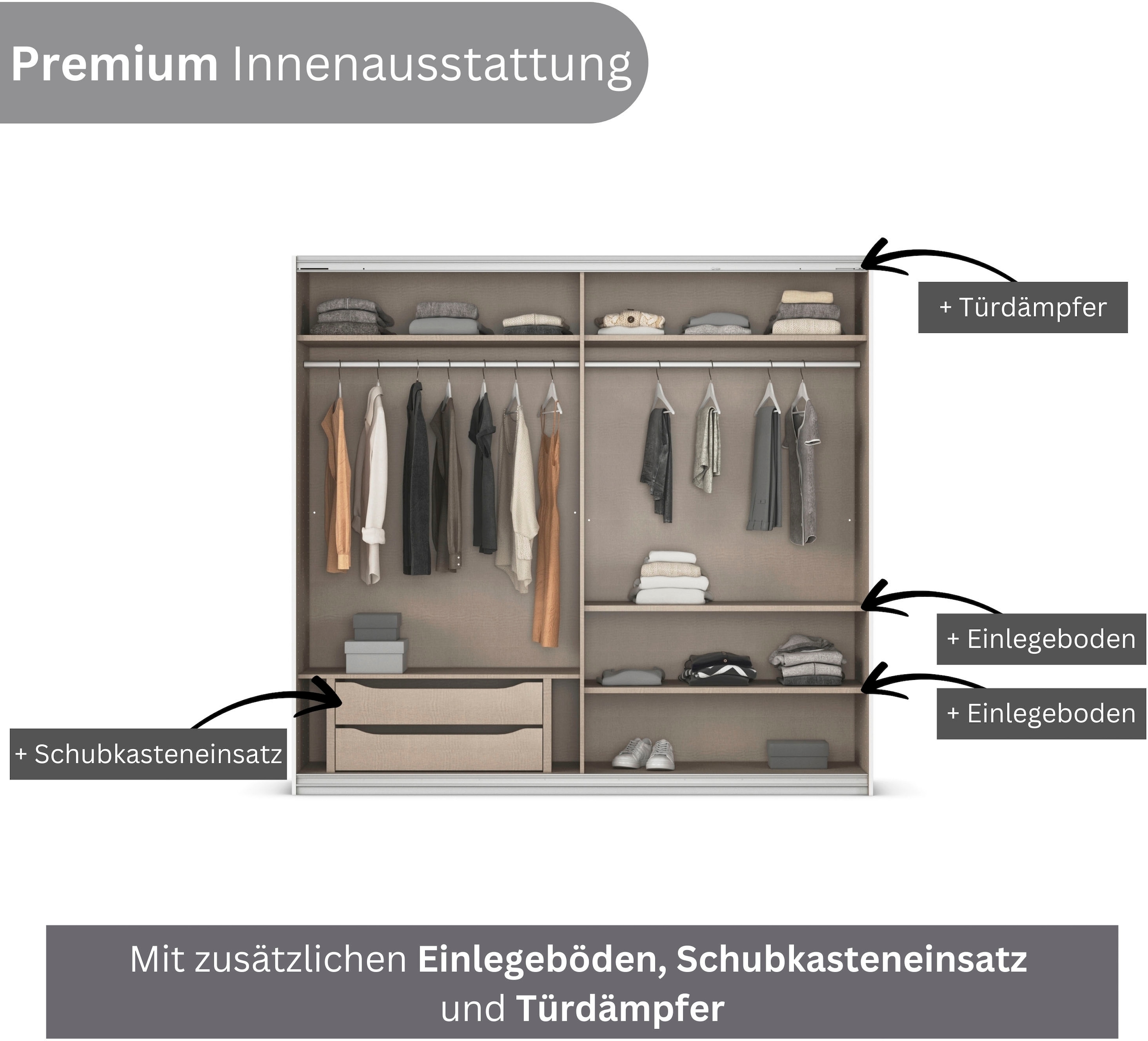 INOSIGN BY RAUCH Schwebetürenschrank »Kleiderschrank Schrank Garderobe Schlafzimmerschrank THANOS«, (in 3 verschiedenen Ausstattungen BASIC/CLASSIC/PREMIUM), Optional mit Spiegel, Metall-Griffleisten alufarben MADE IN GERMANY