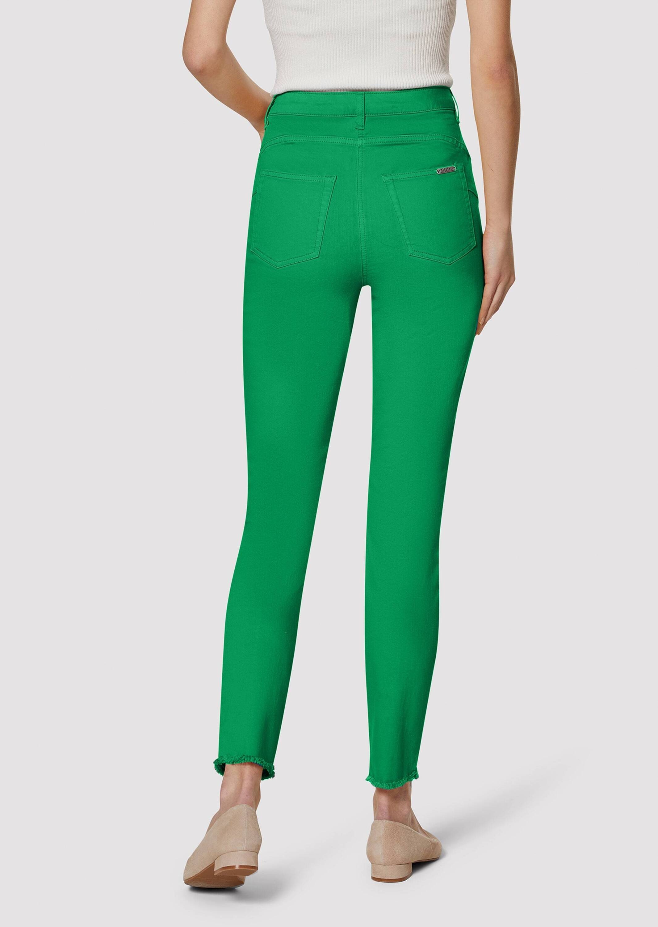 Regular-fit-Jeans MADELEINE "Jeans Mid Waist Skinny-Hose mit Fransen", Damen, Gr. 18, K-Gr, grün (apfelgrün), Obermaterial: 92% Baumwolle CO. 6% Polyester PES. 2% Elasthan EL., Jeans 3