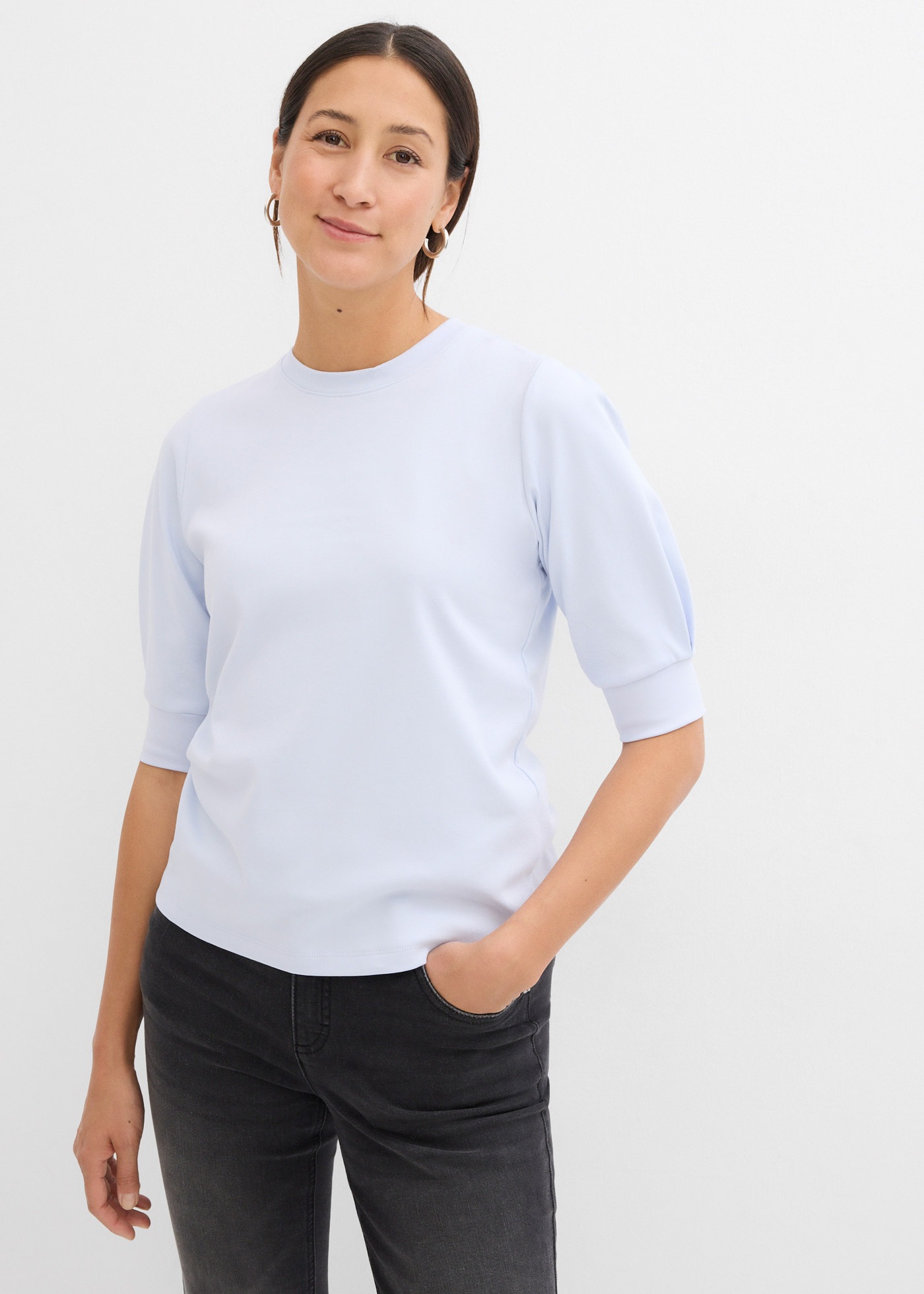 T-Shirt BONPRIX, Damen, Gr. 40/42 (M), zartblau, Jersey, Obermaterial: 100% Baumwolle, unifarben, oversize hüftbedeckend, Rundhals, angesetztes Bündchen, Shirts T-Shirt, Oversize-Passform, dezente Puffärmel, Halbarm, aus reiner Baumwolle