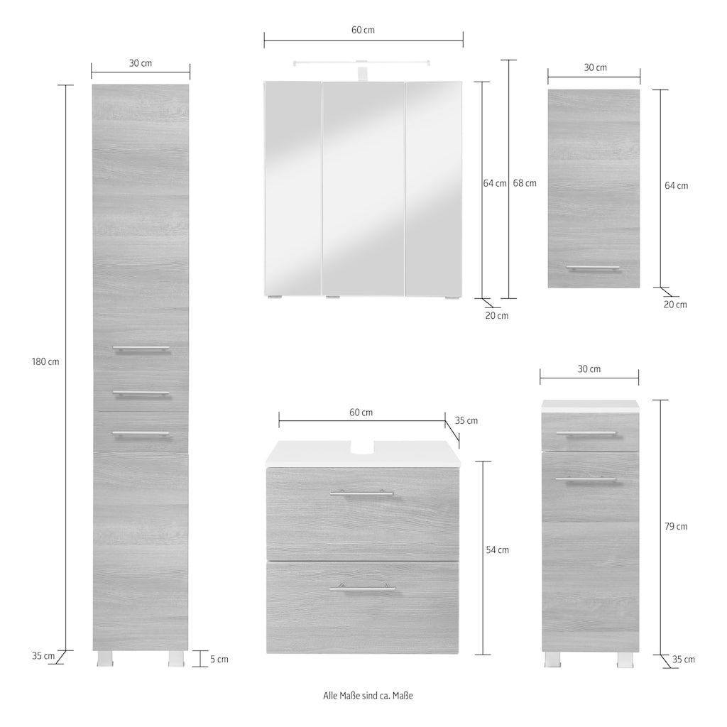 HELD MÖBEL Badmöbel-Set »"Trento", Badezimmer-Set, Hängeschrank, Unterschrank, Hochschrank«, (5 St.)