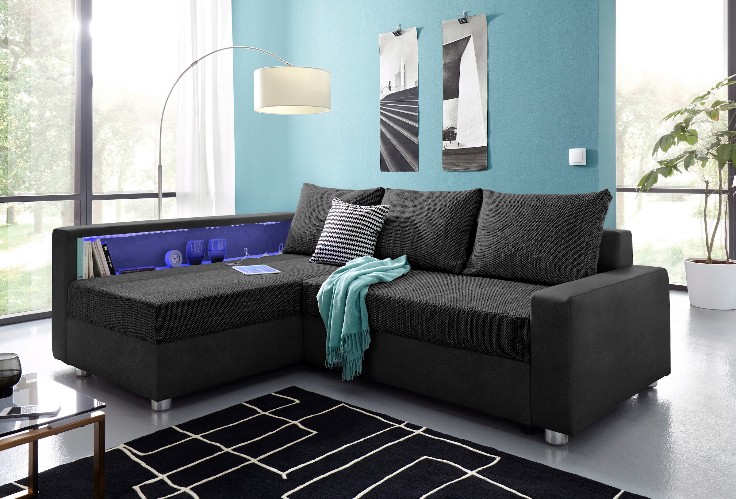 COLLECTION AB "Relax L-Form, B: 223 cm" Schlaffunktion, Bettkasten, Regal & 1 Zierkissen, optional Licht