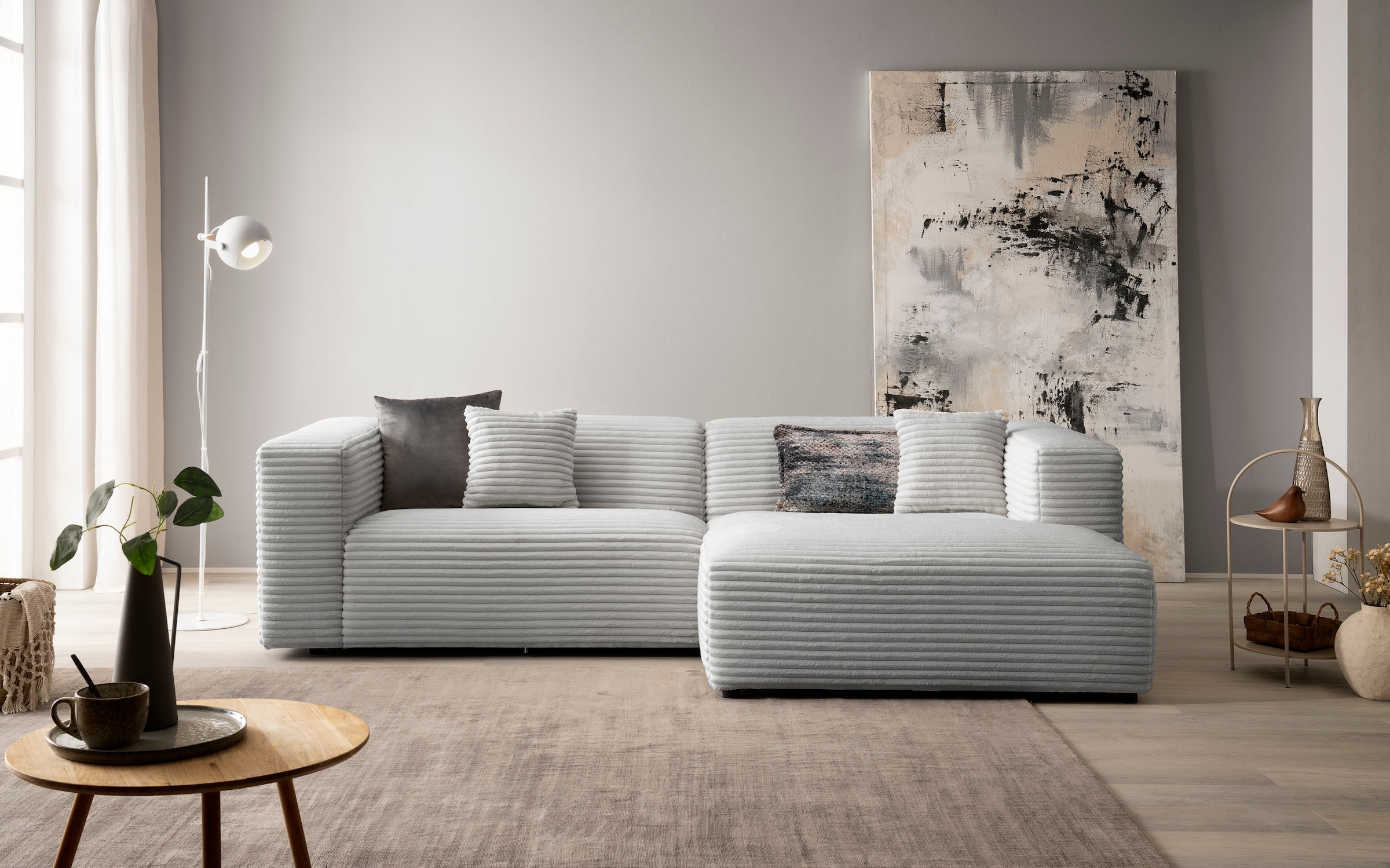 andas Ecksofa »BAKELS, L-Form in Cord oder Boucle-Stoff, moderne Couch«, wahlweise Recamiere rechts/links, bequemer Sitzkomfort