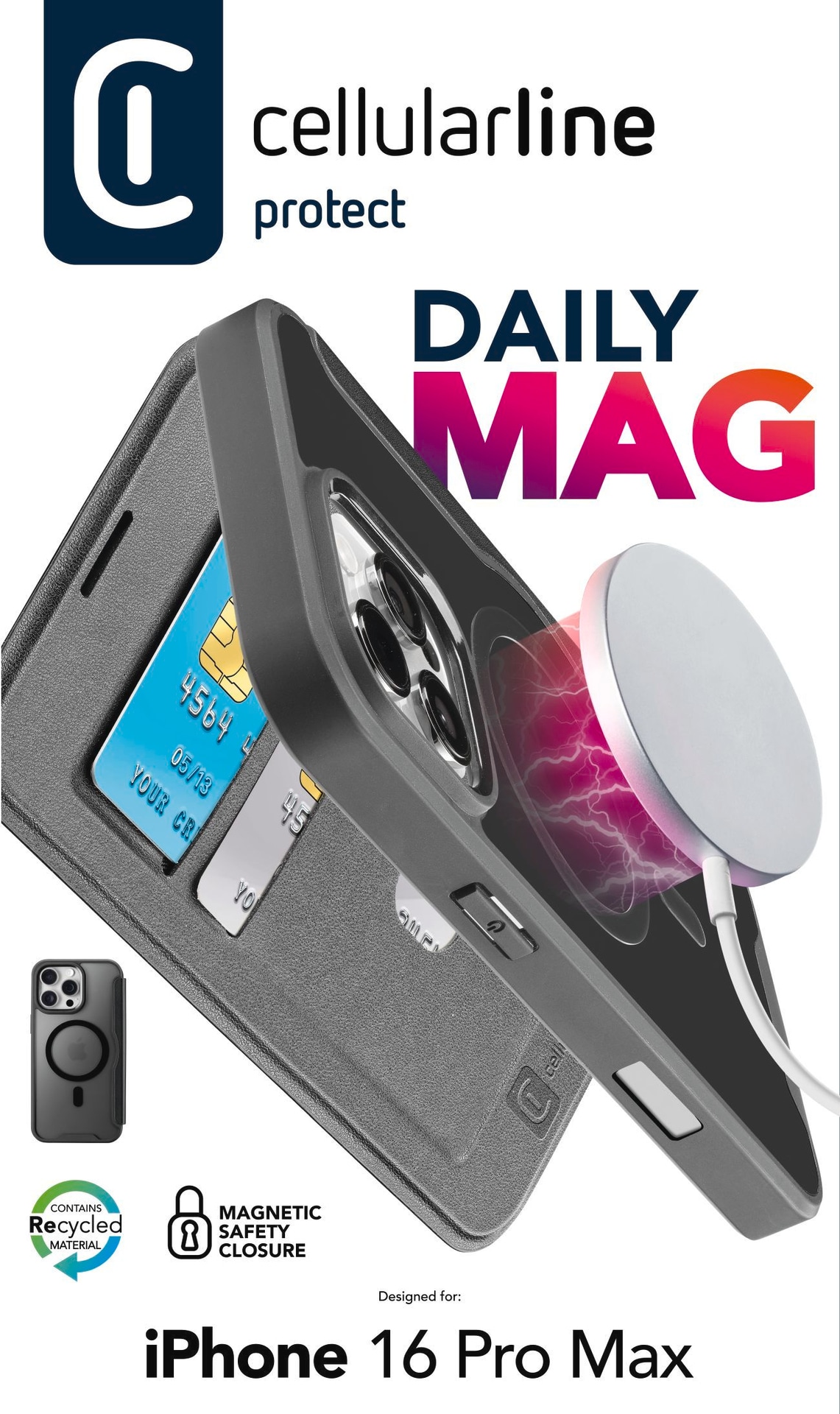 Cellularline Flip Case »Book Case Daily MAG für Apple iPhone 16 Pro Max«, Bookcover, Schutzhülle, Handyschutzhülle, Case, Schutzcase, stoßfest