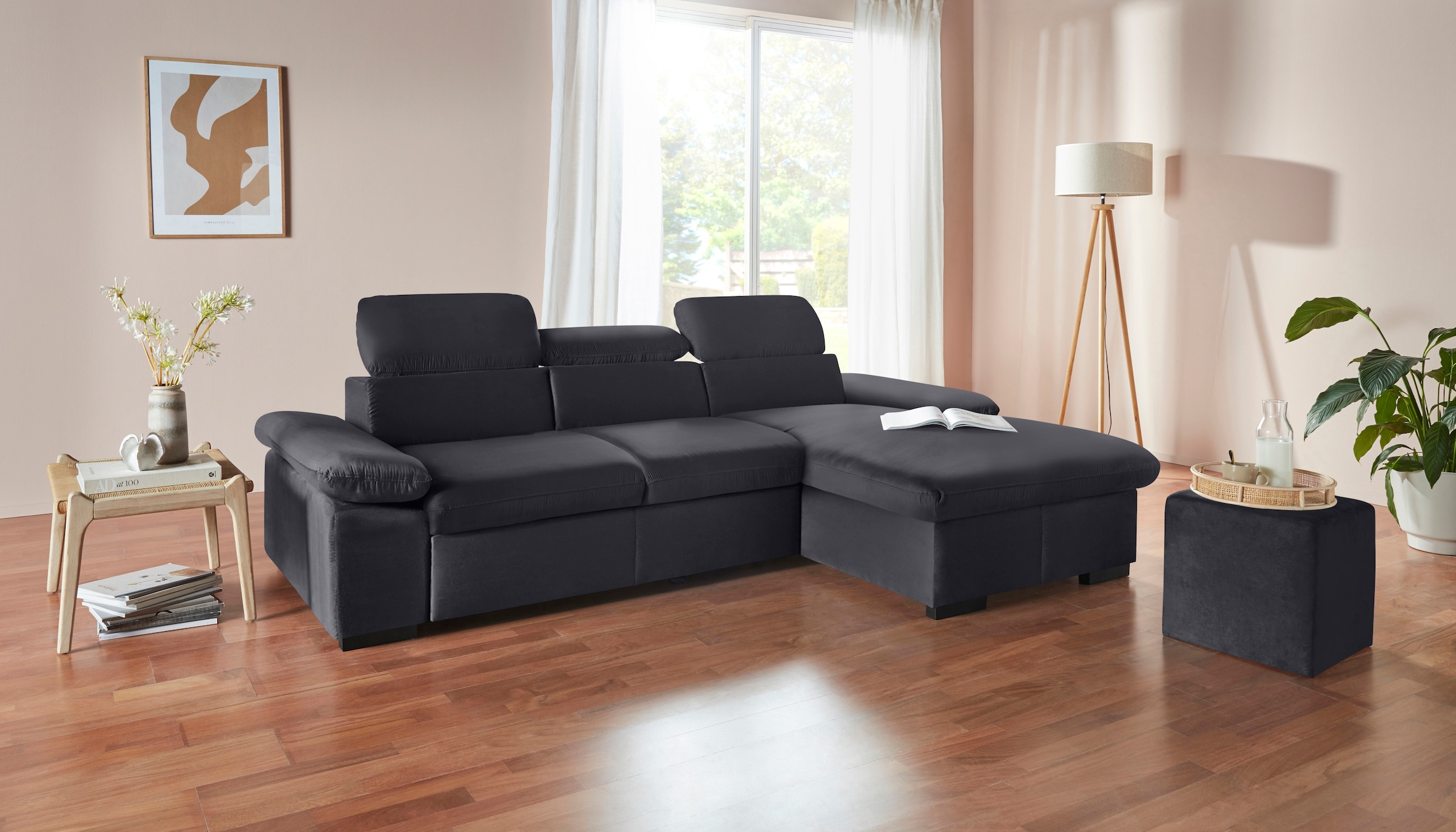 COTTA Ecksofa »Lola L-Form mit Kopfteilfunktion & Hocker«, (Set, mit Hocker), wahlweise mit Bettfunktion, Bettkasten & Armteilverstellung