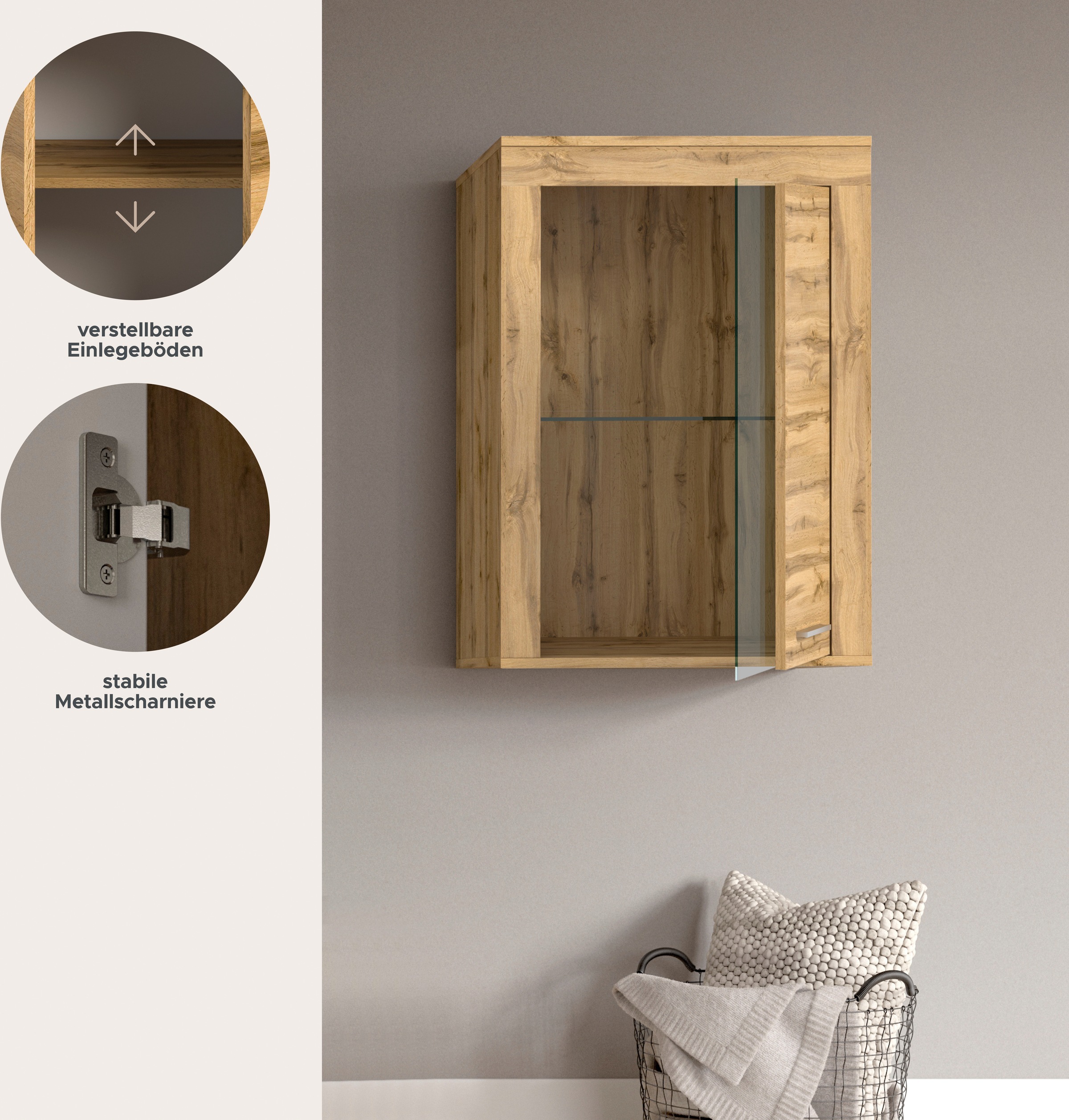 Thumbnail - Home affaire Vitrine "Aosta, Breite 60 cm, stehend oder hängend, in verschiedenen Farben" Türanschlag wechselbar, 1 Glas...