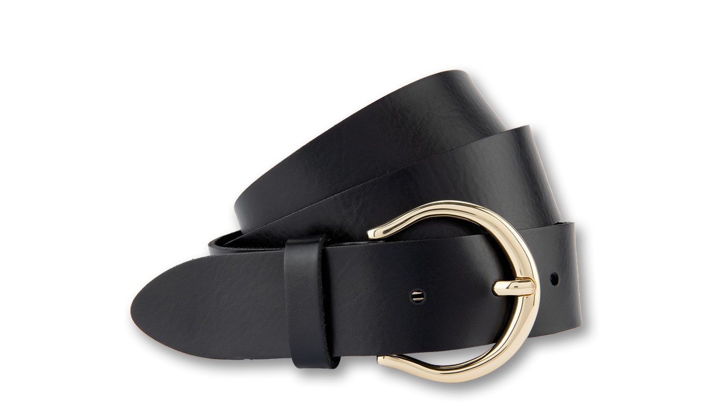 Ledergürtel BERND GÖTZ "Ledergürtel mit offener goldener Ringschließe", Damen, Gr. 85, schwarz, Rindsleder, Gürtel Ledergürtel