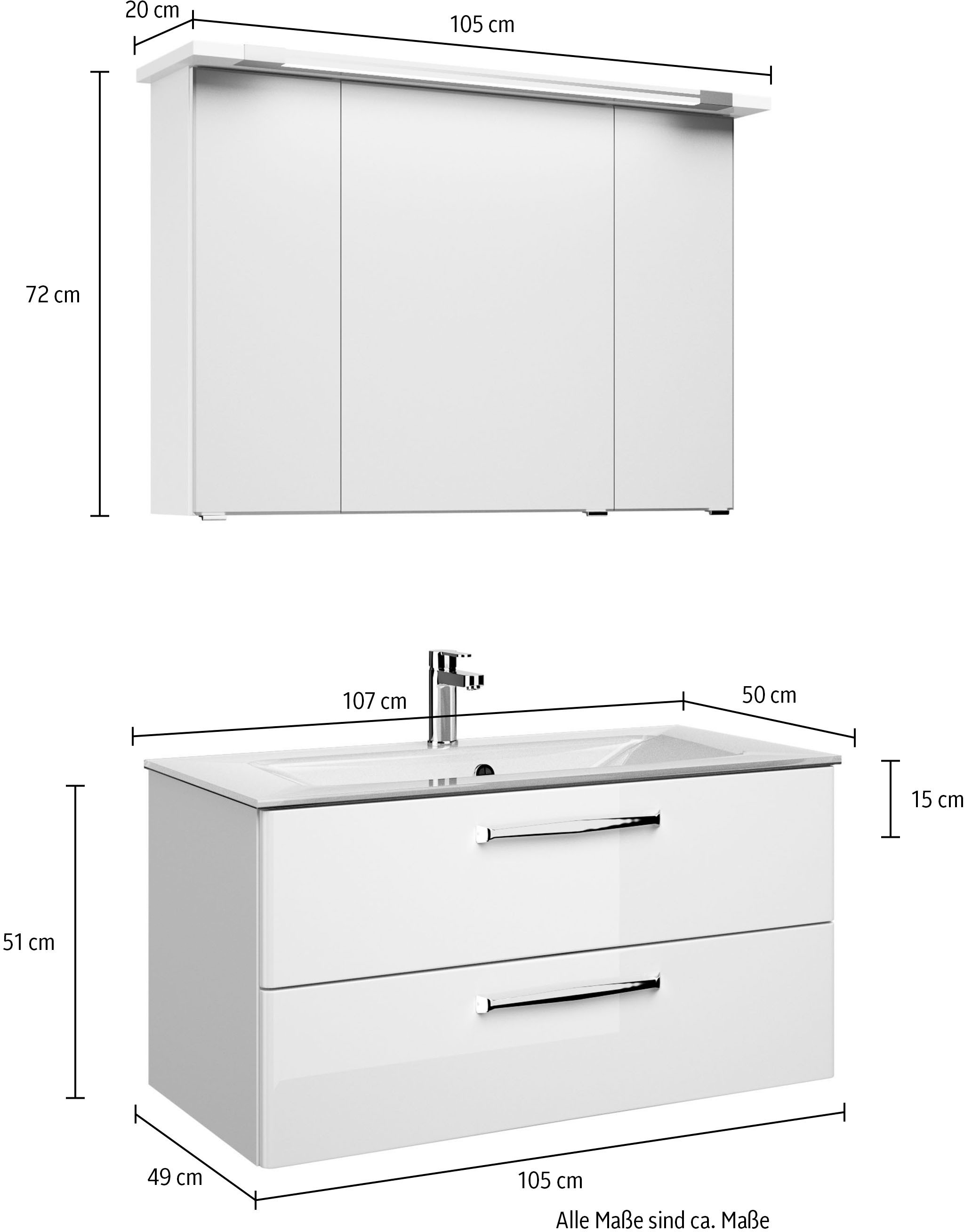 Saphir Badmöbel-Set »Trentino 2-teilig Glas-Waschtisch, Spiegelschrank mit LED-Leuchte«, (3 St.), Badmöbel-Set 107cm breit, inkl. Türdämpfer, 3 Türen, 2 Auszügen