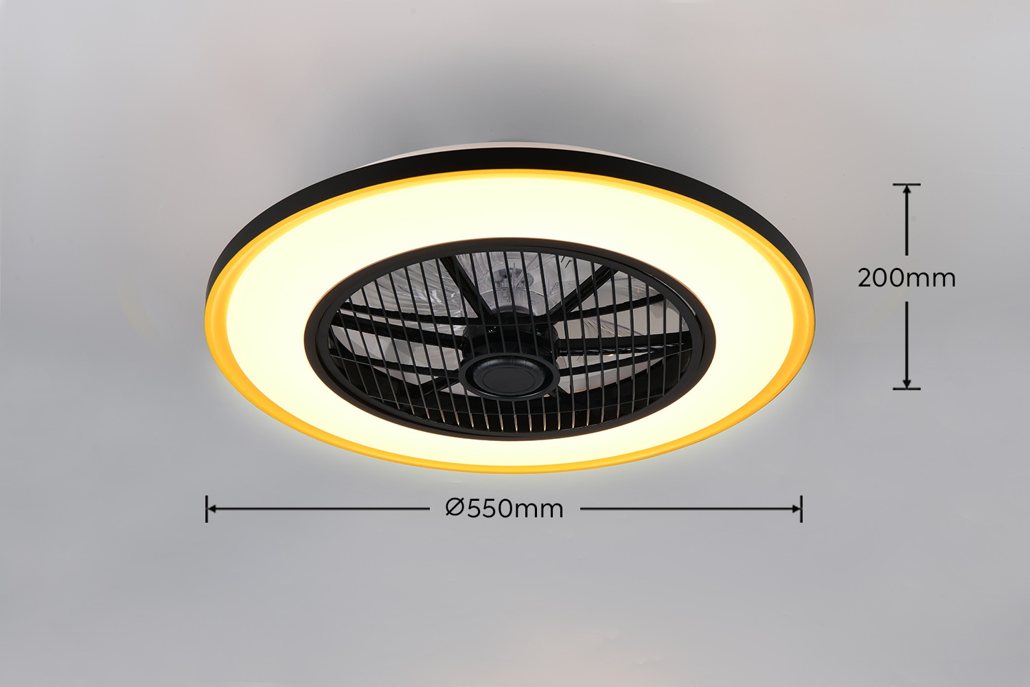 REALITY Leuchten LED Deckenleuchte »VARPULA mit Ventilator, oszillierender Deckenventilator +Licht 28W LED« LED-Board 1 Stk. Farbwechsler | warmweiß - kaltweiß 6 Stufen Ventilator, CCT LED dimmbar Fernbedienung Schirm schwarz-gold