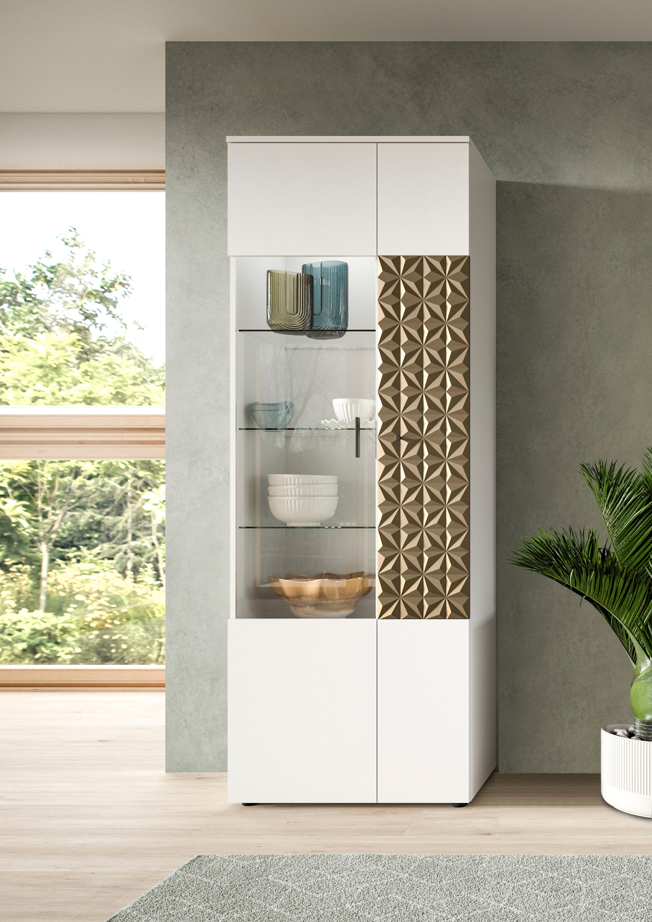 INOSIGN Vitrine »Vicenza, Höhe 195 cm, Ornamentabsetzung, 2 Türen, 9 Fächer«, 3 Glaseinlegeböden, Vitrinenschrank, Schrank, Hochschrank, Wohnschrank