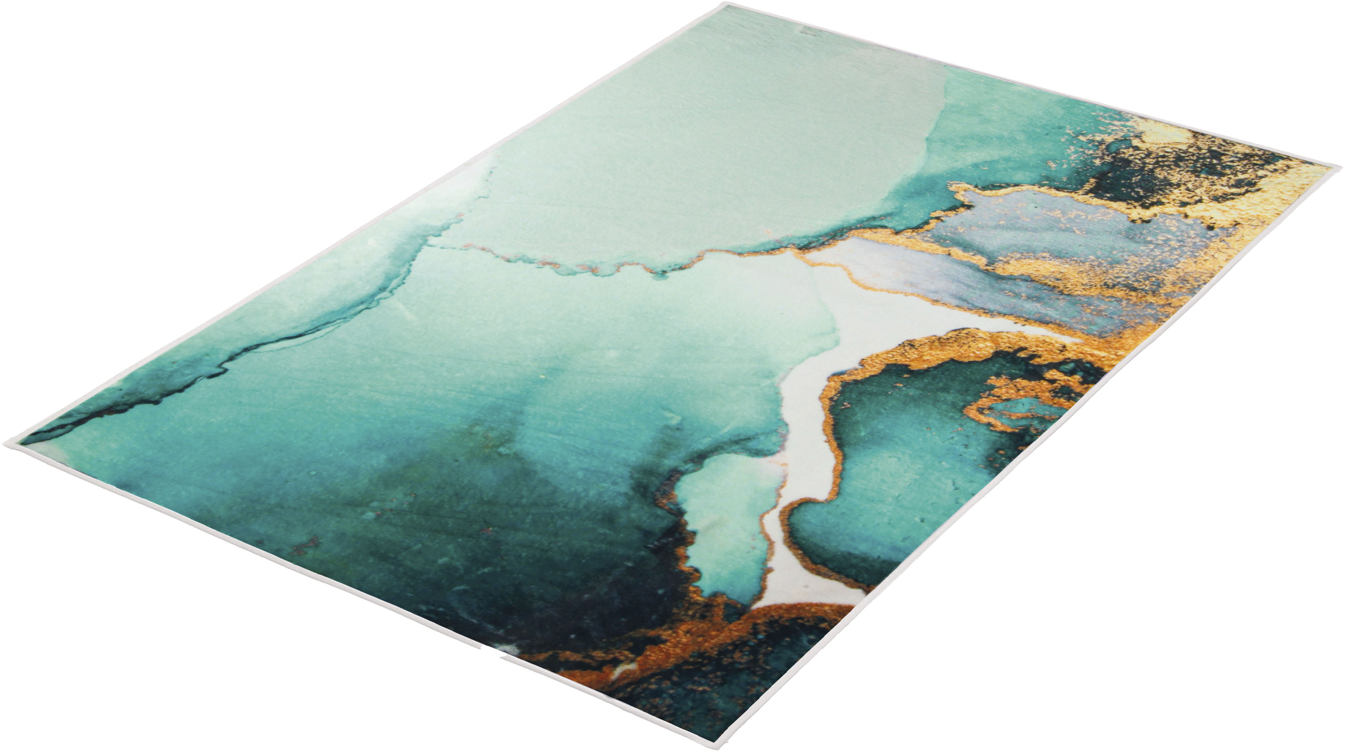Kleine Wolke Badematte "Teal, Badvorleger, Badezimmer Teppich" Höhe 5 mm rutschhemmend beschichtet fußbodenheizungsgeeignet bedruckt, Marmor Design, goldfarbene Akzente, weich & kuschelig