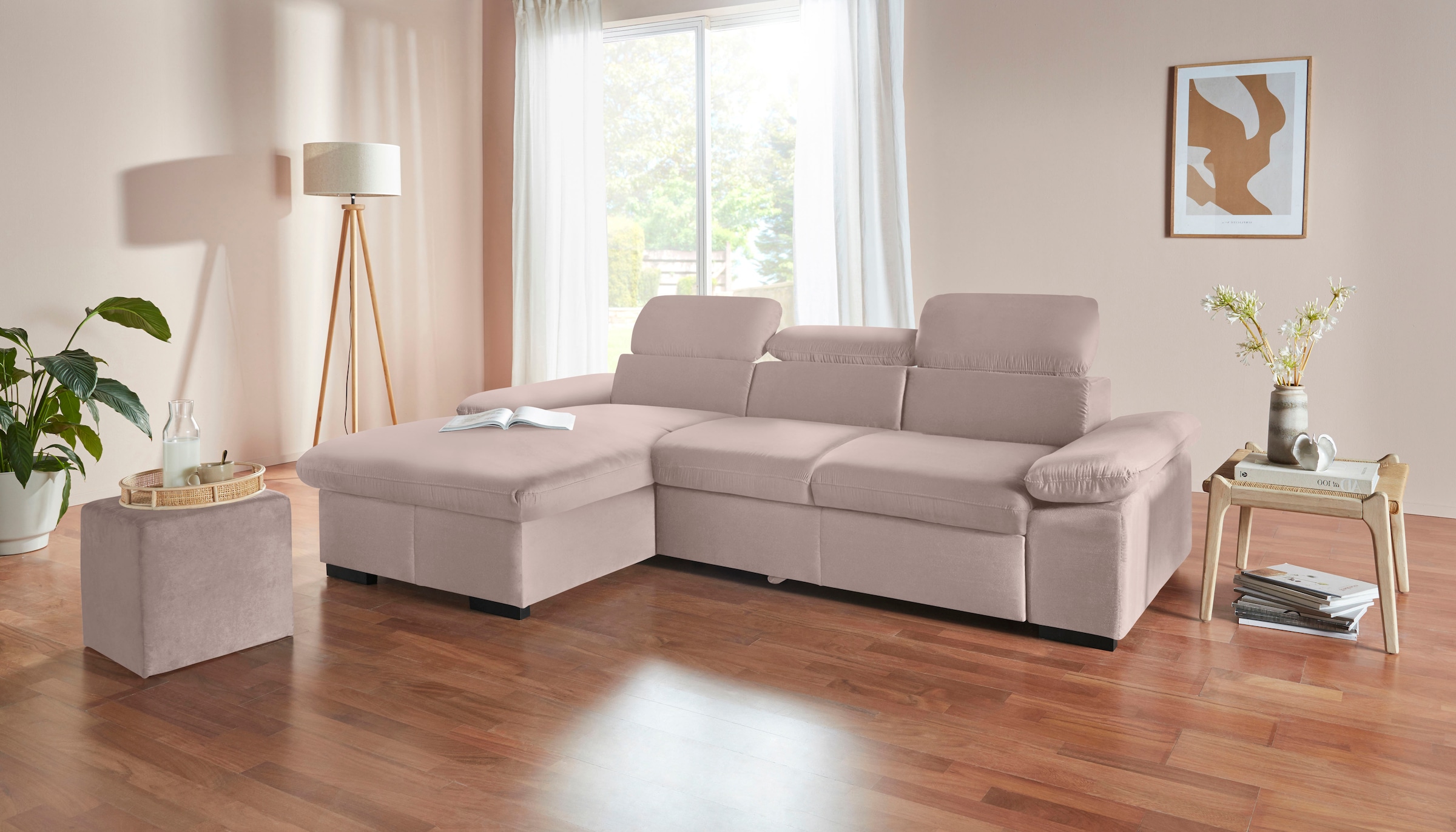 COTTA Ecksofa »Lola L-Form mit Kopfteilfunktion & Hocker«, (Set, mit Hocker), wahlweise mit Bettfunktion, Bettkasten & Armteilverstellung