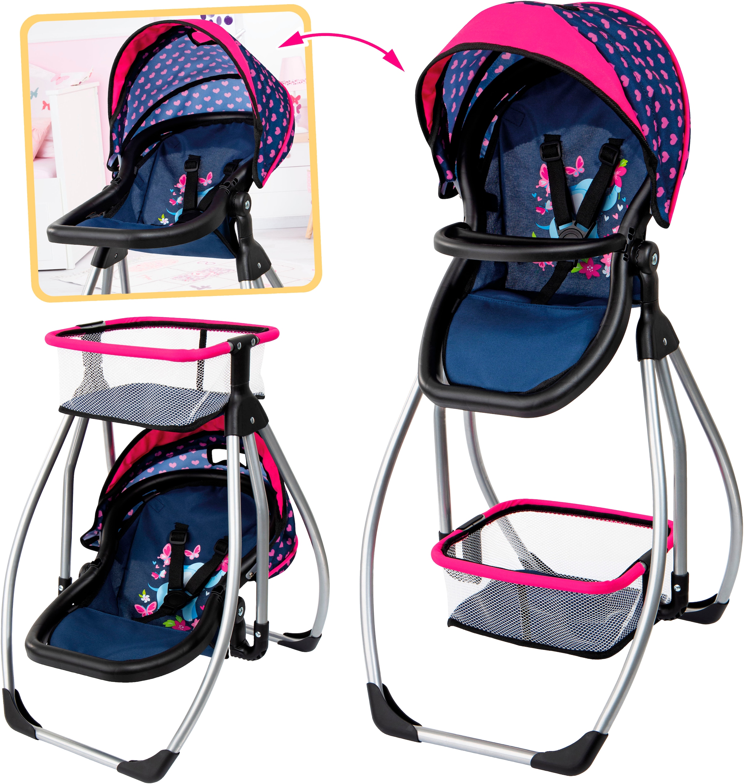 BAYER Kinder Puppenhochstuhl "Trio, Elefant"elefant blau, Kunststoff, Metall, Polyester, B:37,5cm H:77cm T:44cm, Puppenmöbel, 3in1