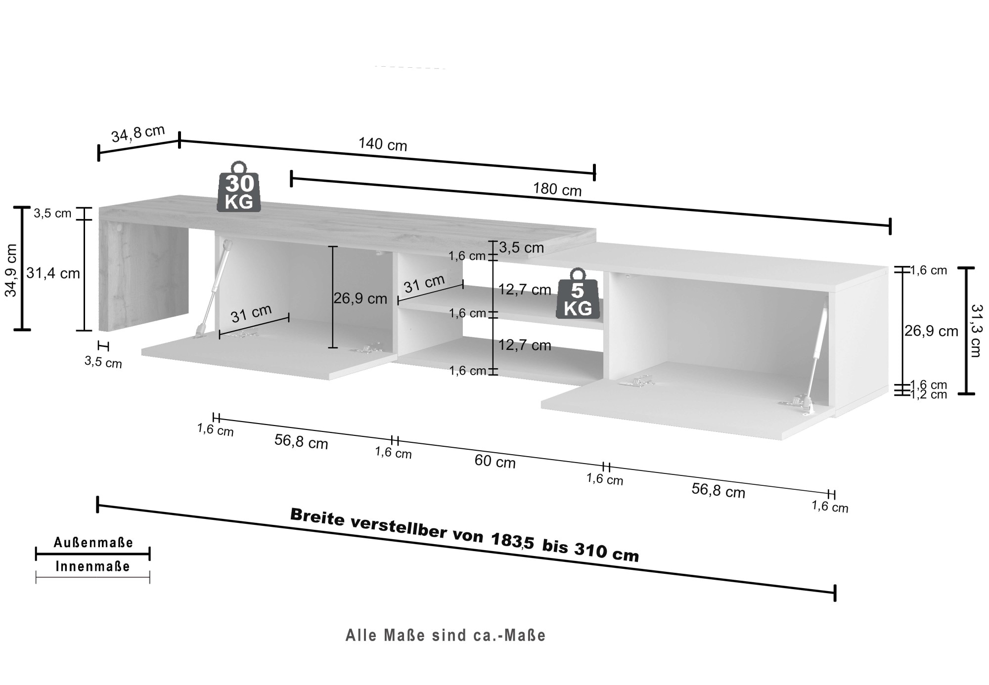OTTO home Lowboard »New Garda,Lowboard mit Aufsatz,TV-Board mit Ausatz,TV-Schrank-Tv Bank« 1 Stk. tlg. Breite verstellbar v. 183 bis 310 cm,2 Klappen  und L-Förmiger Aufsatz