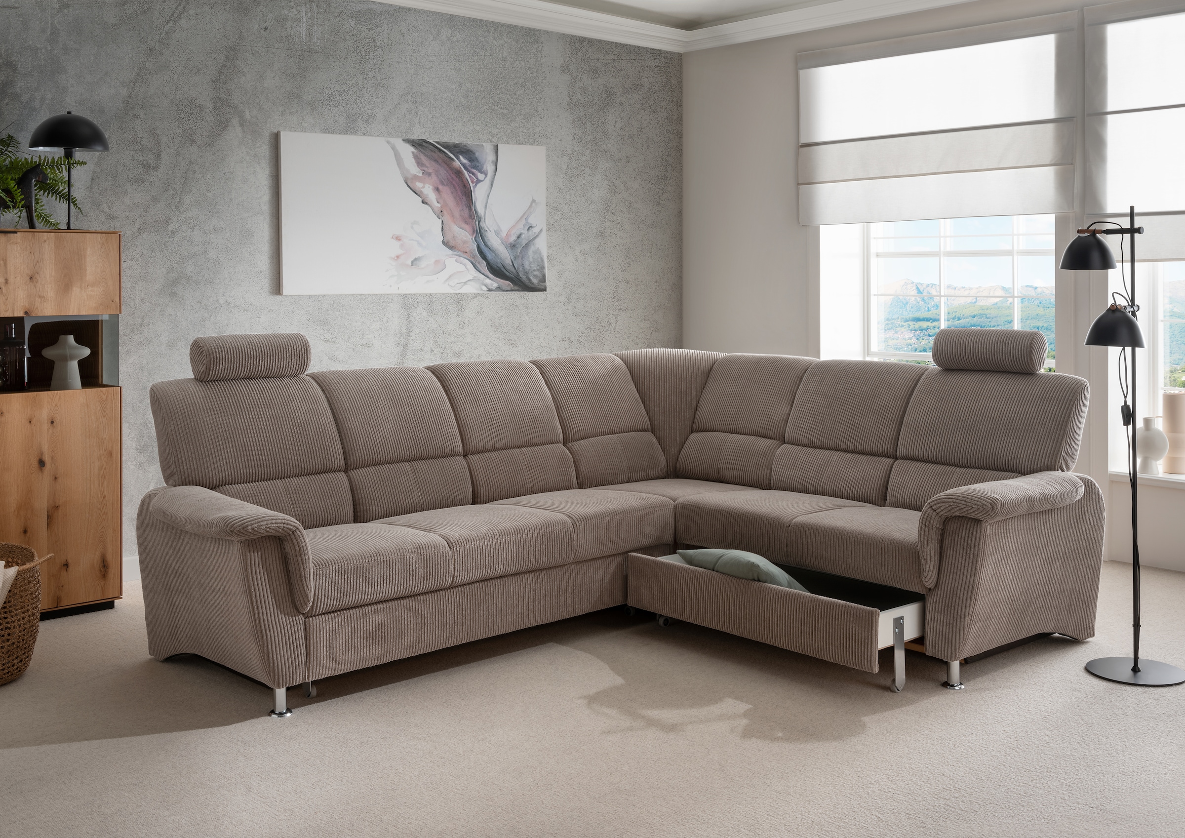 Home affaire Ecksofa »Pisa L-Form, mit Schlaffunktion, Stauraum, 2x höhenverstellbare«, Kopfstützen und Relaxfunktion im Eckelement