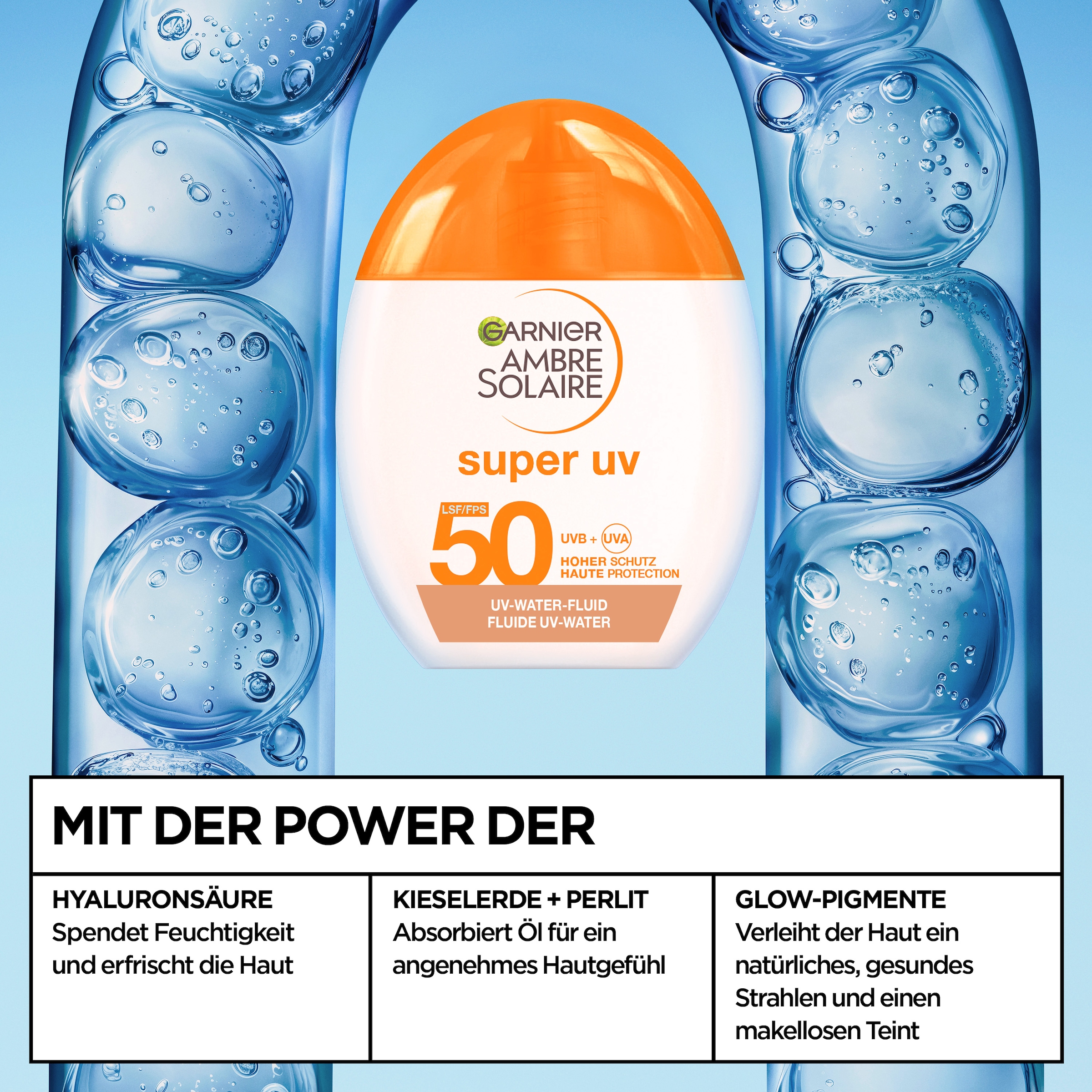 GARNIER Sonnenschutzfluid »Garnier Super UV UV-Water-Fluid Glow LSF 50« für das Gesicht, leichte Fluid-Textur, mit LSF 50