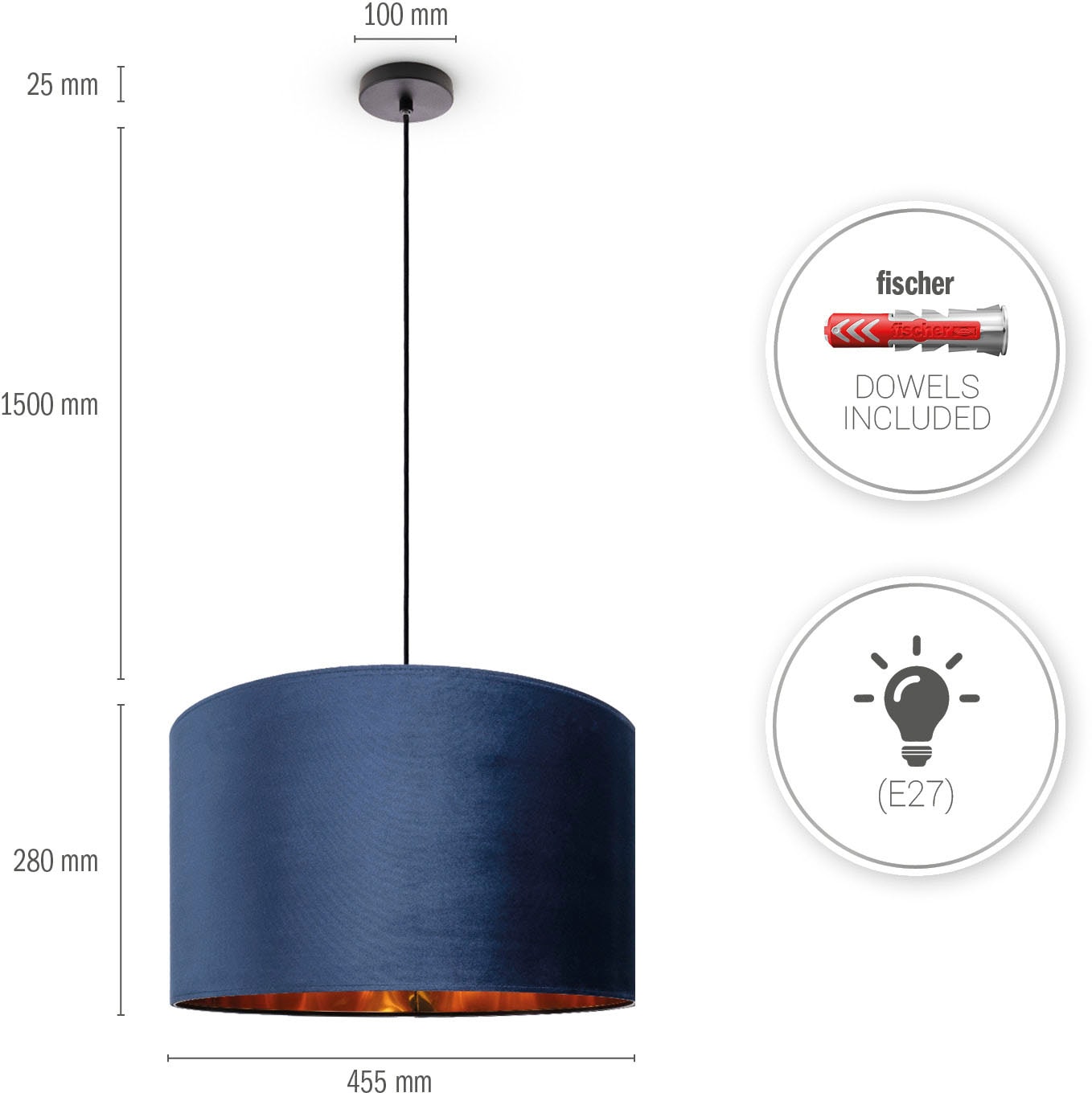 Paco Home Pendelleuchte »Hugo uni Lampenschirm aus Deko E27 Velour Kabel Unifarben Wohnzimmer | Color«, BAUR 1,5m