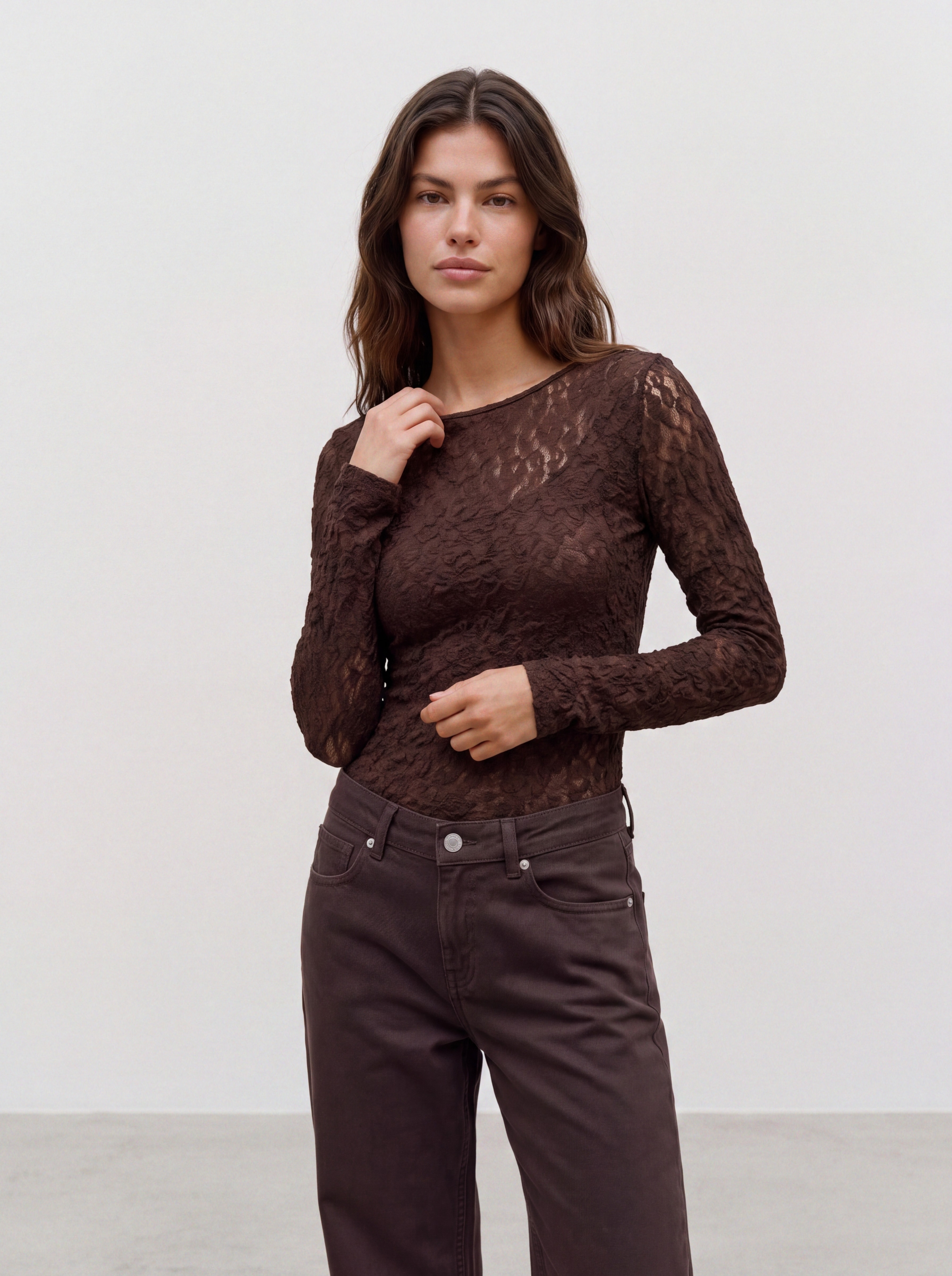Vero Moda "VMFLORA LS 2-WAY LACE TOP JRS NOOS" Materialmix, slim fit