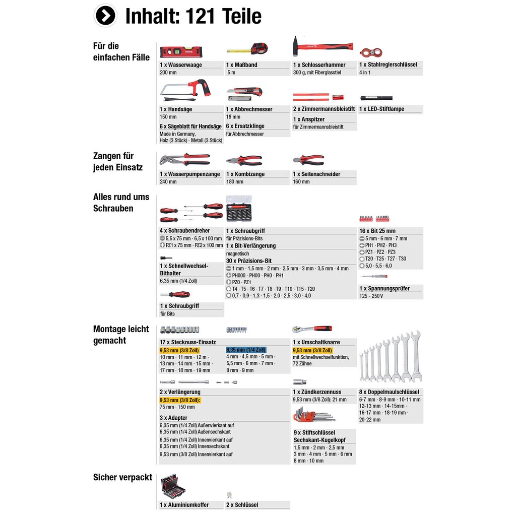 meister Werkzeugset »Profi Werkzeugkoffer / 8971460«, 121-teilig, stabiler Alu-Koffer -Für Haushalt, Garage & Werkstatt