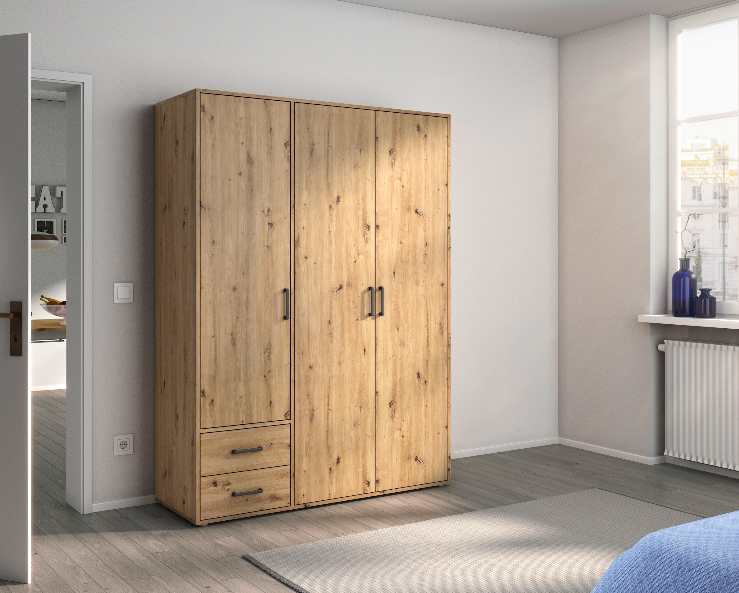 rauch Drehtürenschrank »Kleiderschrank Schrank Garderobe Wäscheschrank VOYAGER«, (in 3 verschiedenen Ausstattungen BASIC/CLASSIC/PREMIUM), moderne Griffe in Graumetallic mit Außenschubkästen MADE IN GERMANY