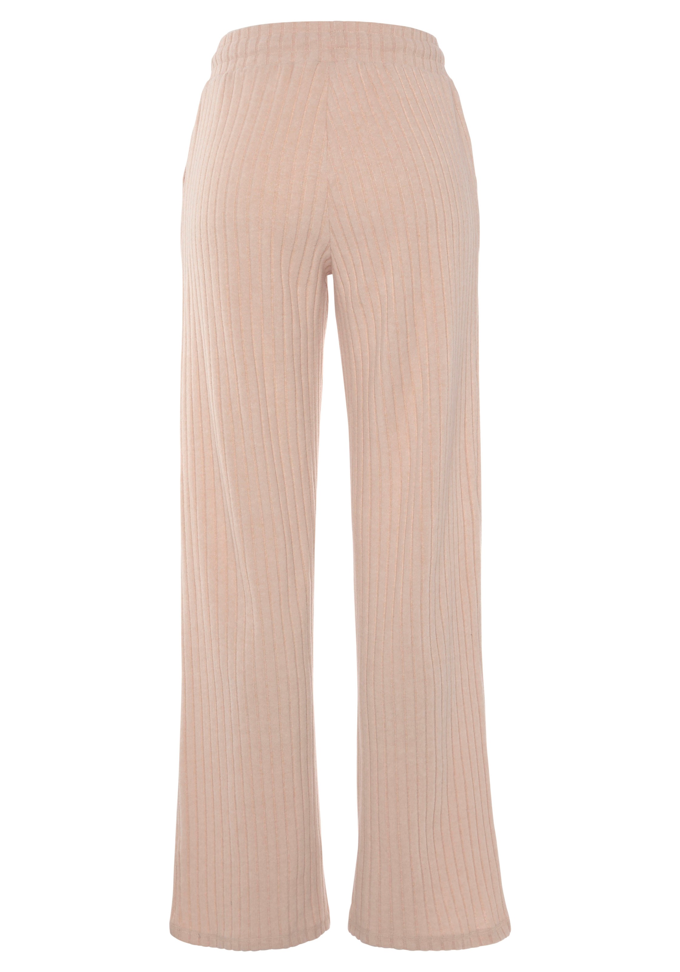 Homewearhose LASCANA, Damen, Gr. 44/46, N-Gr, beige (sand, meliert), Rippware, Obermaterial: 56% Polyester, 41% Viskose, 3% Elasthan, meliert, unifarben, bequem lang, Hosen, -Lounge-/Strickhose mit weitem Bein und seitlichen Taschen, Loungewear 3
