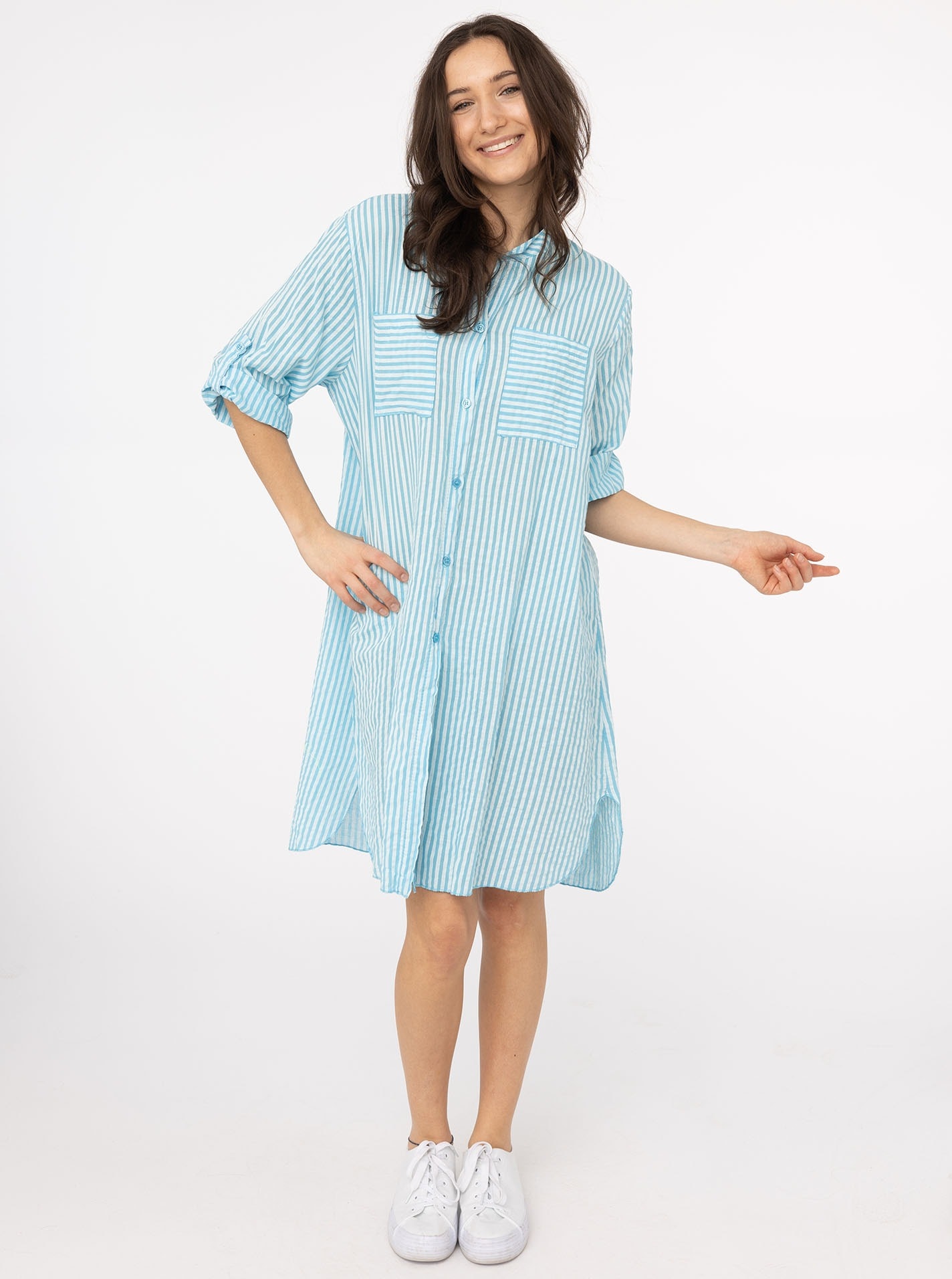 Zwillingsherz Longbluse ""Kida"" One Size, Streifen, Knopfleiste, Brusttaschen, 3/4-Arm