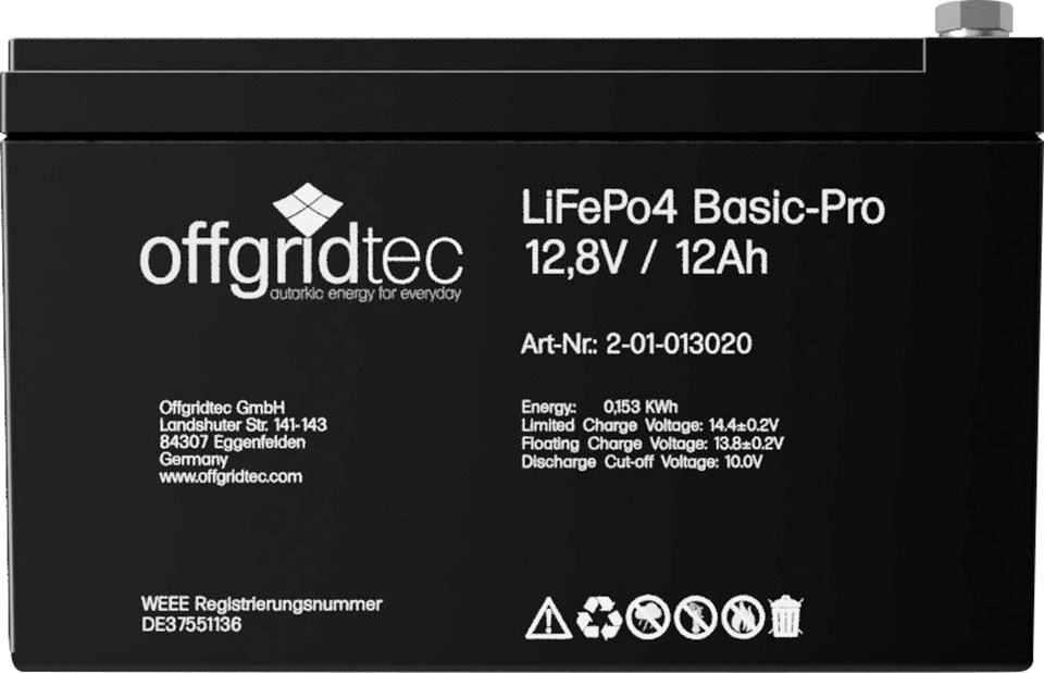 offgridtec Akku »LiFePo4 Basic-Pro 12,8V/12Ah/128Wh«, 154 mAh, 12 V, Lithium-Eisenphosphat-Batterie