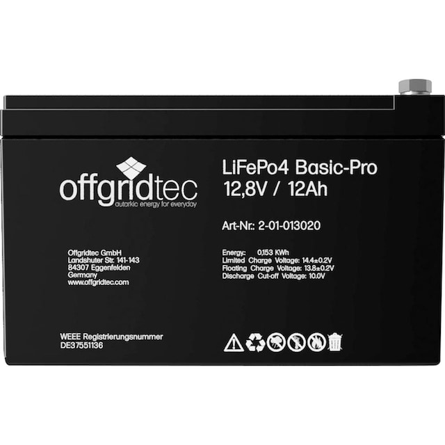 offgridtec Akku »LiFePo4 Basic-Pro 12,8V/12Ah/128Wh«, 154 mAh, 12 V,  Lithium-Eisenphosphat-Batterie günstig | BAUR