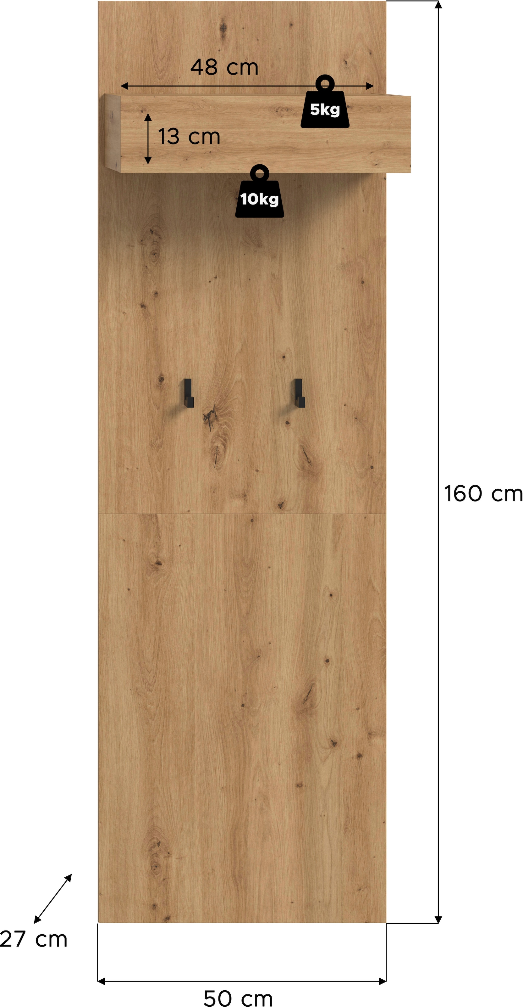 INOSIGN Garderobenpaneel »EVRID, Höhe 160 cm, inkl. 2 Metall-Haken, Kleiderstnage und Hutablage«, (1 St., individuell mit anderen Artikel der Serie EVRID erweiterbar), Paneel, Hakenleiste, Wandboard, Garderobe, Wandpaneel