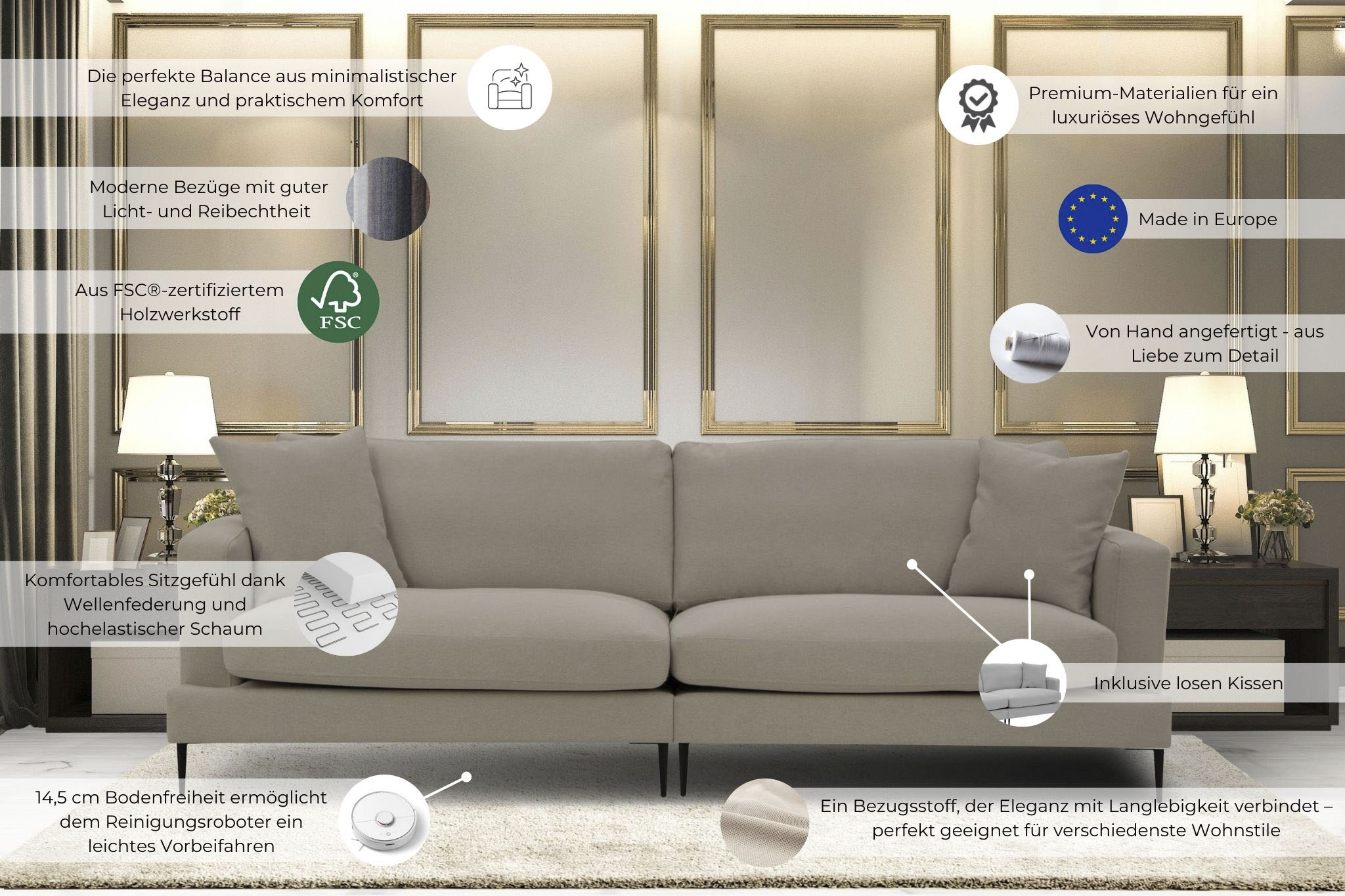 Thumbnail - Leonique Big-Sofa "Cozy elegantes Designsofa, Maße B/T/H: 252/97/80 cm", mit losen Kissen und Metallbeinen