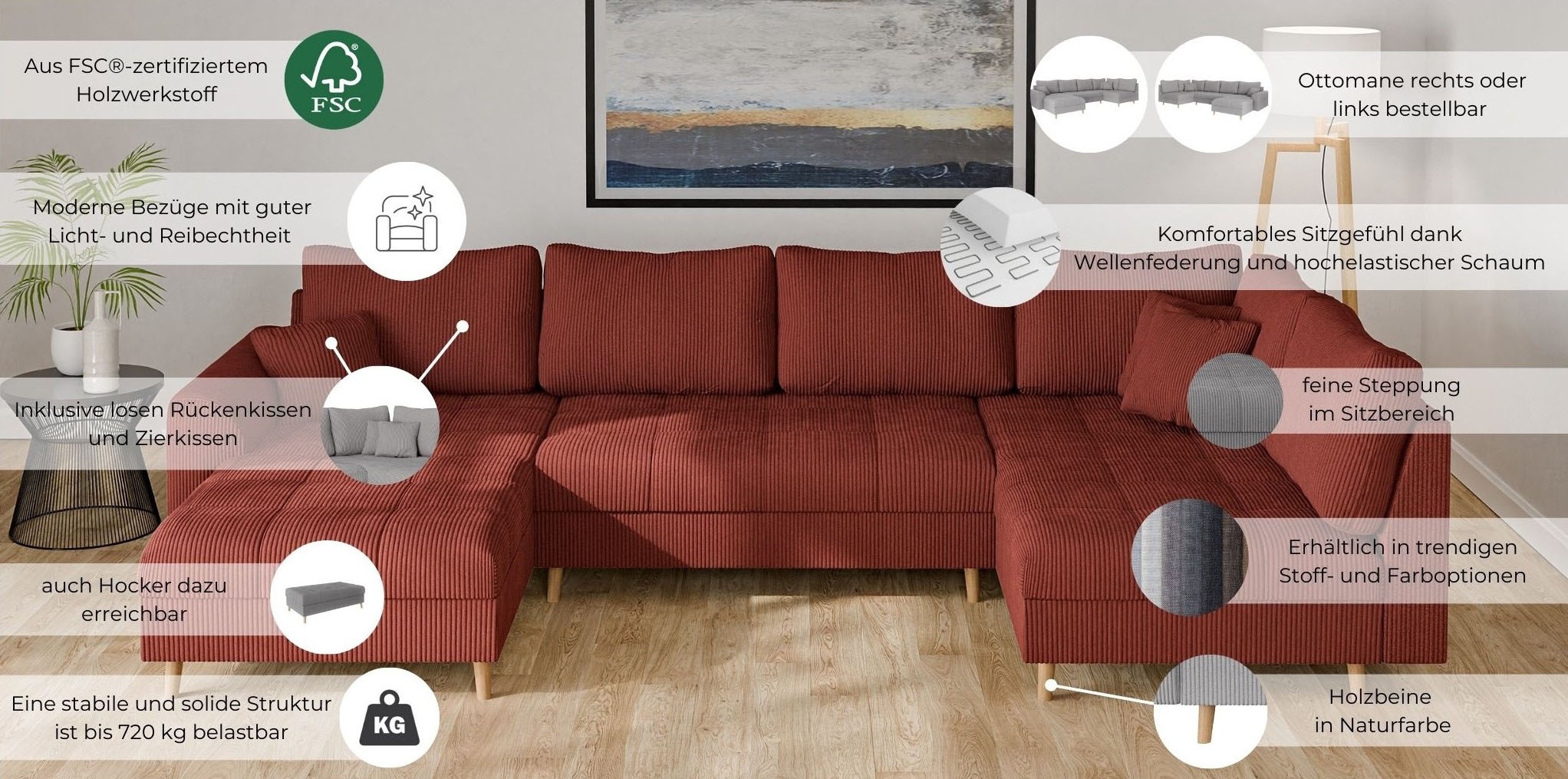 Home affaire Wohnlandschaft »CHARRE U-Form mit Ottomane, Maße B/T/H: 310/161/81 cm«, feine Steppung, lose Rücken- und Zierkissen, auch in Cord und Bouclé