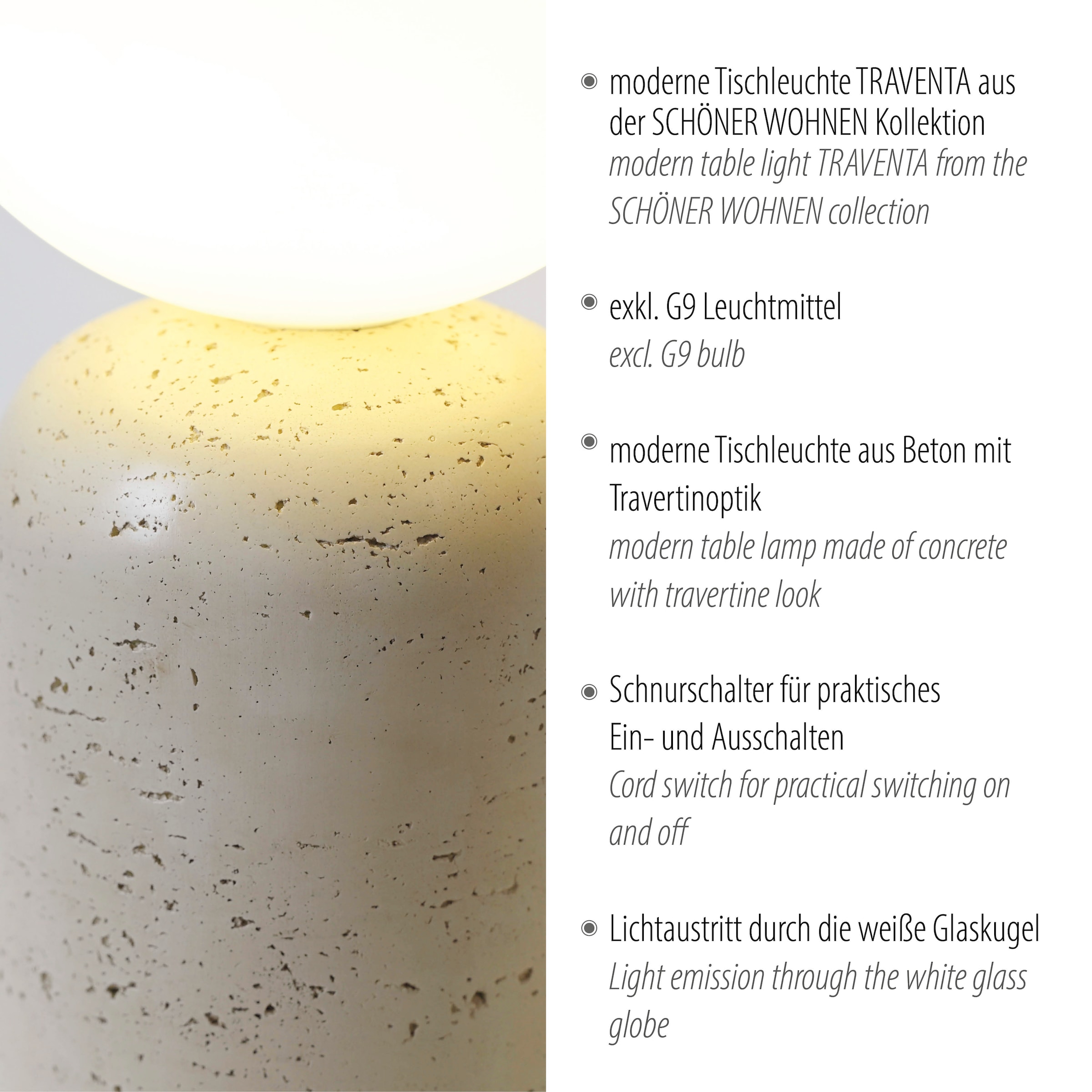SCHÖNER WOHNEN-Kollektion LED Tischleuchte »TRAVENTA« G9 1 Stk. SCHÖNER WOHNEN Kollektion, Travertinoptik, Downlight