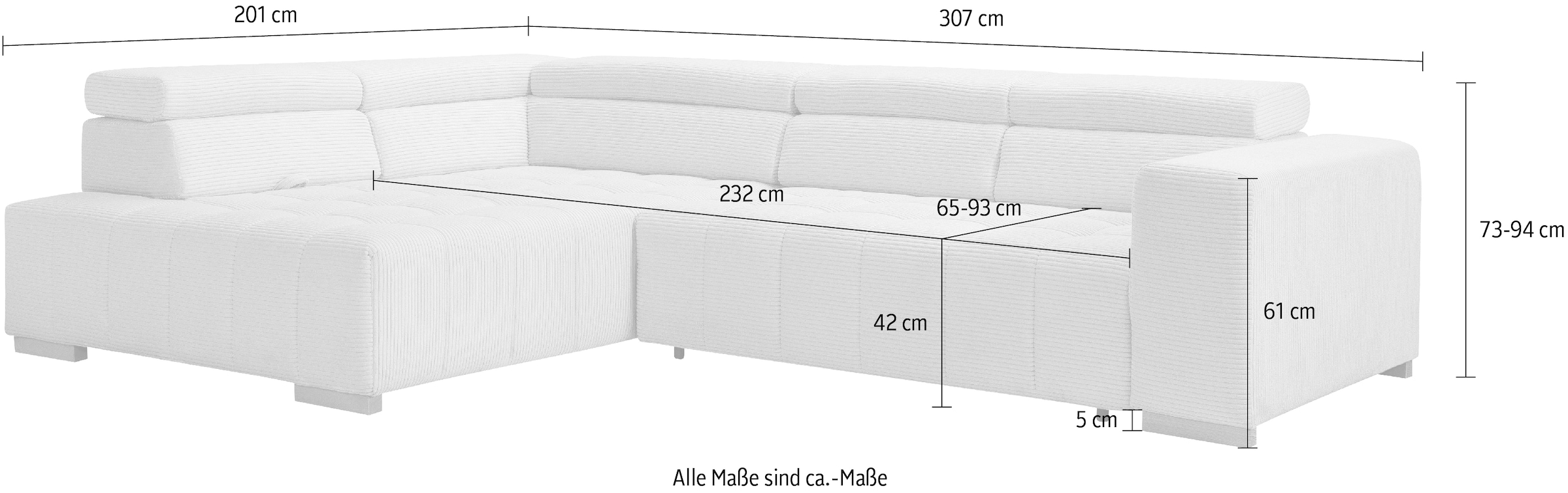 exxpo - sofa fashion Ecksofa »Elianos, hoher Sitzkomfort, aufwendige Kreuzsteppung im Sitz, L-Form«, Kopfteile & Sitztiefe verstellbar, mit Bettfunktion, Cord, beige