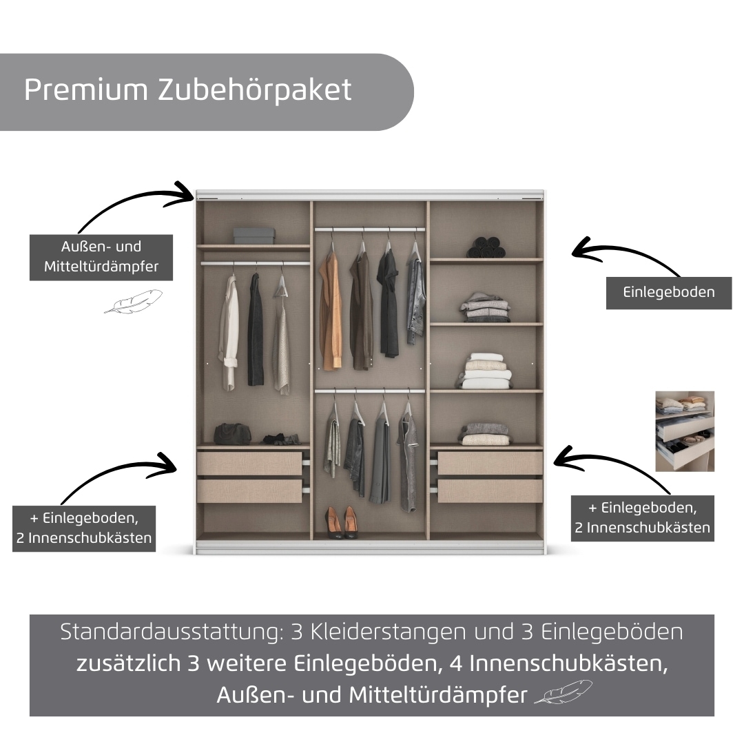 rauch Kleiderschrank »Schwebetürenschrank OTTO´s Choice Garderobe Schrank TOP ANGEBOT Avola«, (in 3 verschiedenen Ausstattungen BASIC/CLASSIC/PREMIUM), mit eleganten Zierleisten in Chrom, Schwarz oder Weiß MADE IN GERMANY